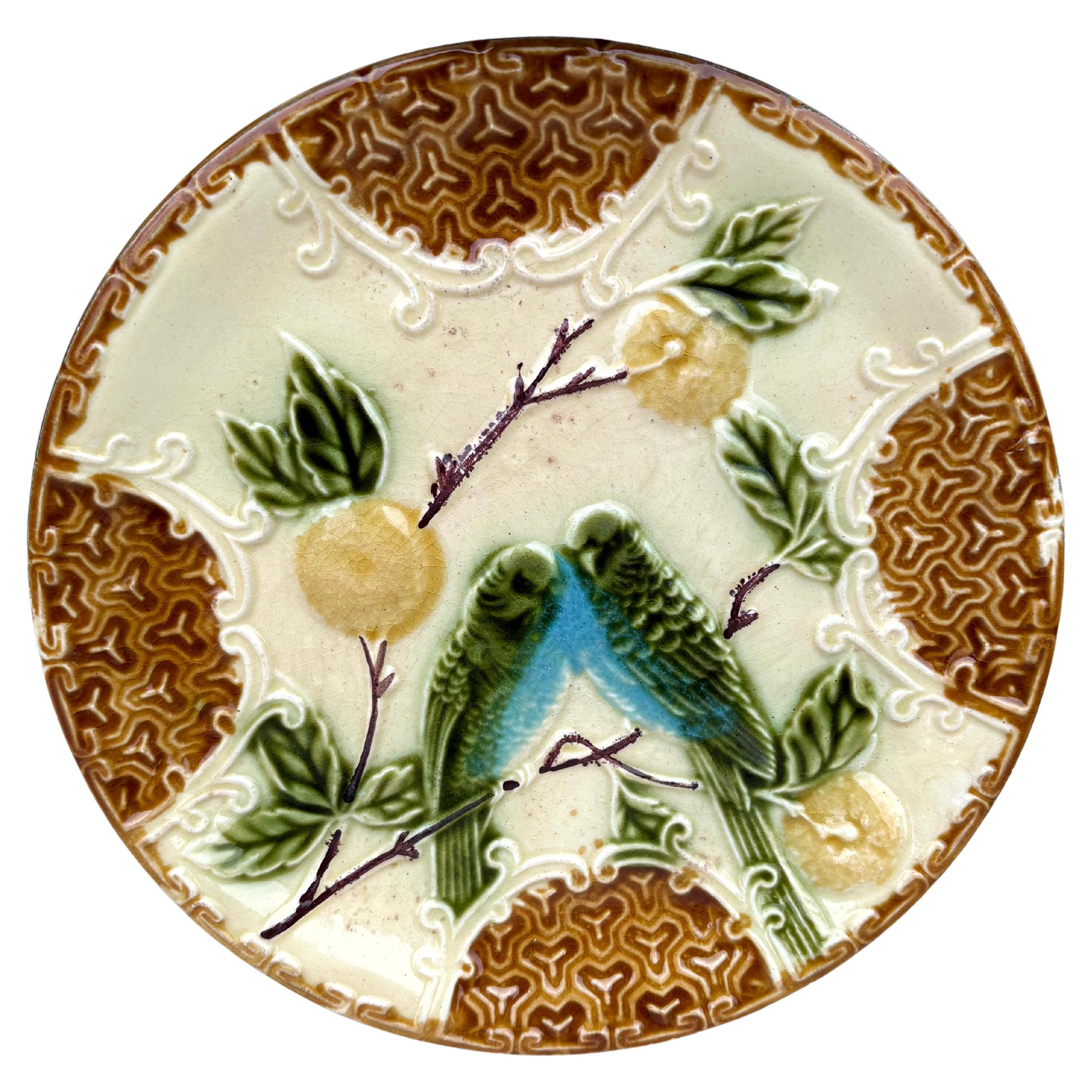 French Majolica Parakeets Plate Salins, circa 1890