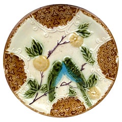 French Majolica Parakeets Plate Salins, circa 1890