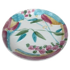 French Majolica Parrots & Bamboo Plate Salins, circa 1890
