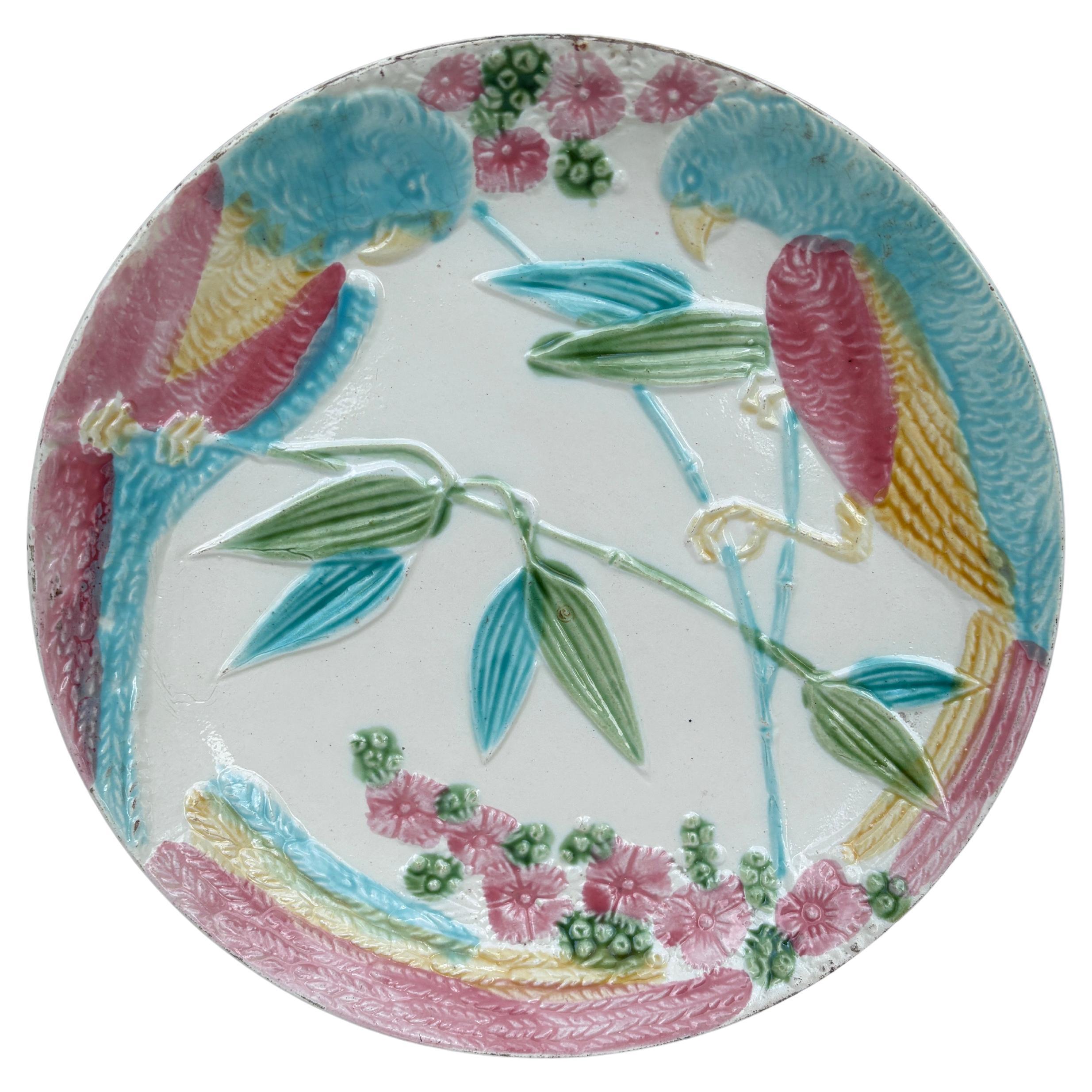 French Majolica Parrots & Bamboo Plate Salins, circa 1890