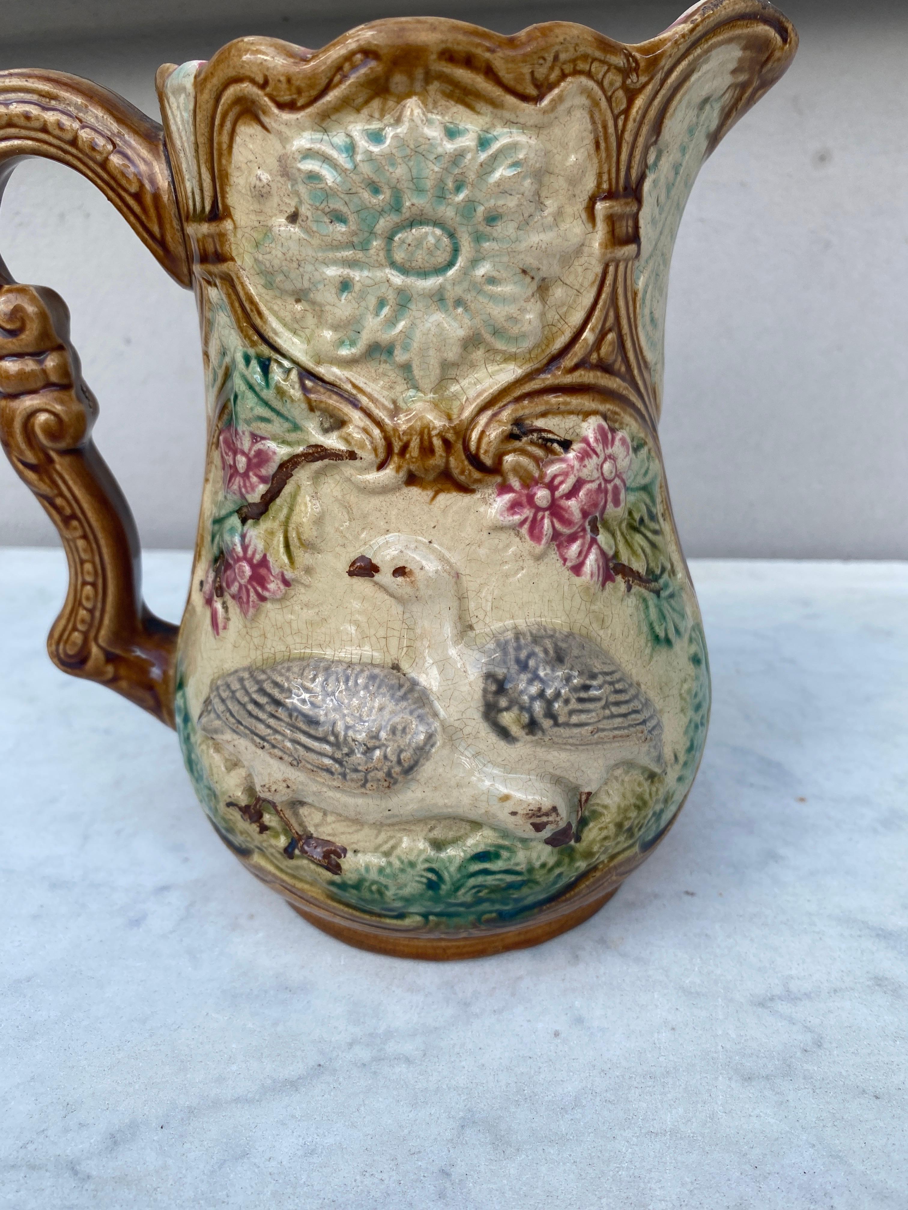 Rustic French Majolica Partdridge Pitcher Onnaing, circa 1890 For Sale