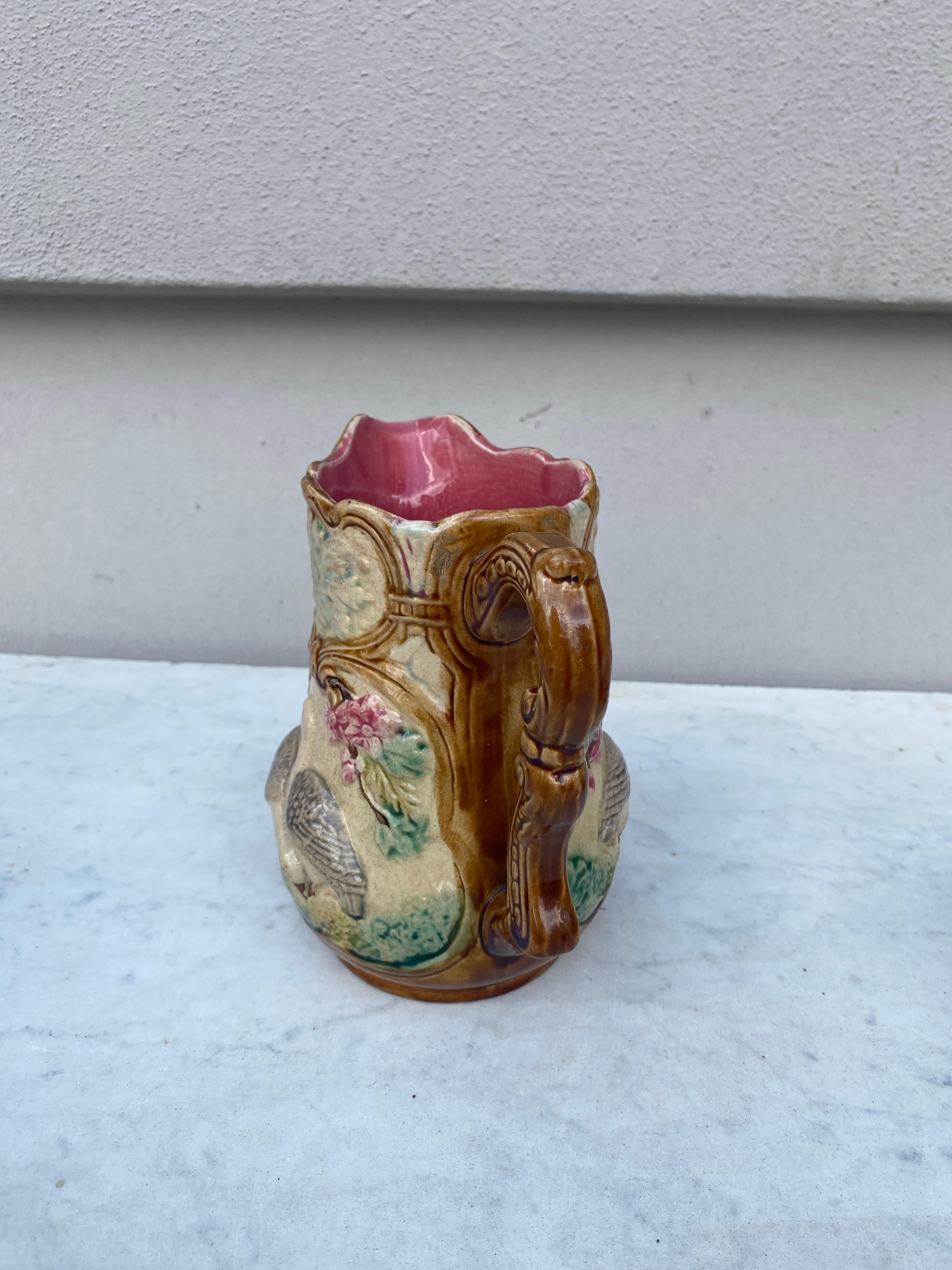 French Majolica Partdridge Pitcher Onnaing, circa 1890 In Good Condition For Sale In Austin, TX