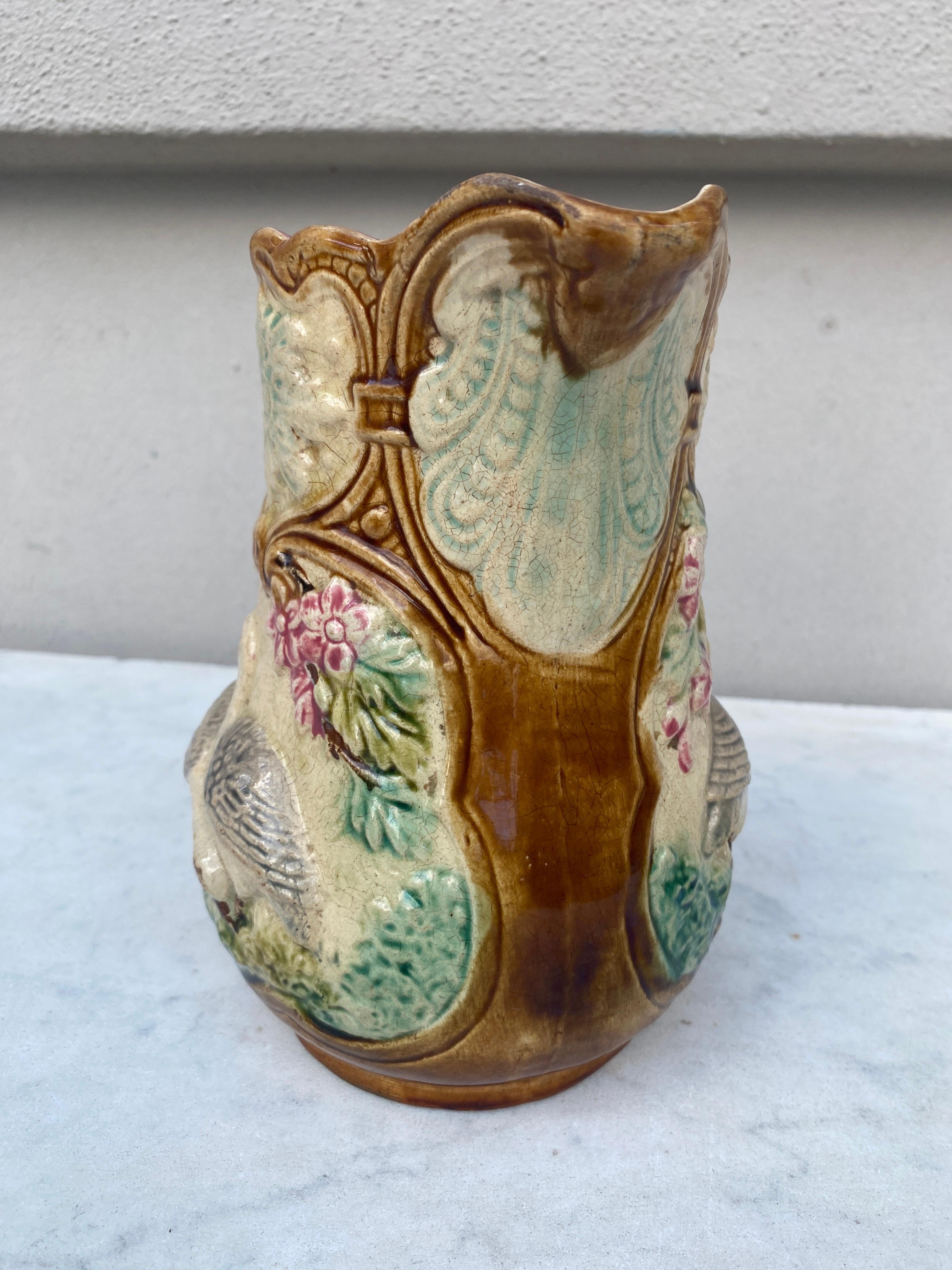 Late 19th Century French Majolica Partdridge Pitcher Onnaing, circa 1890 For Sale