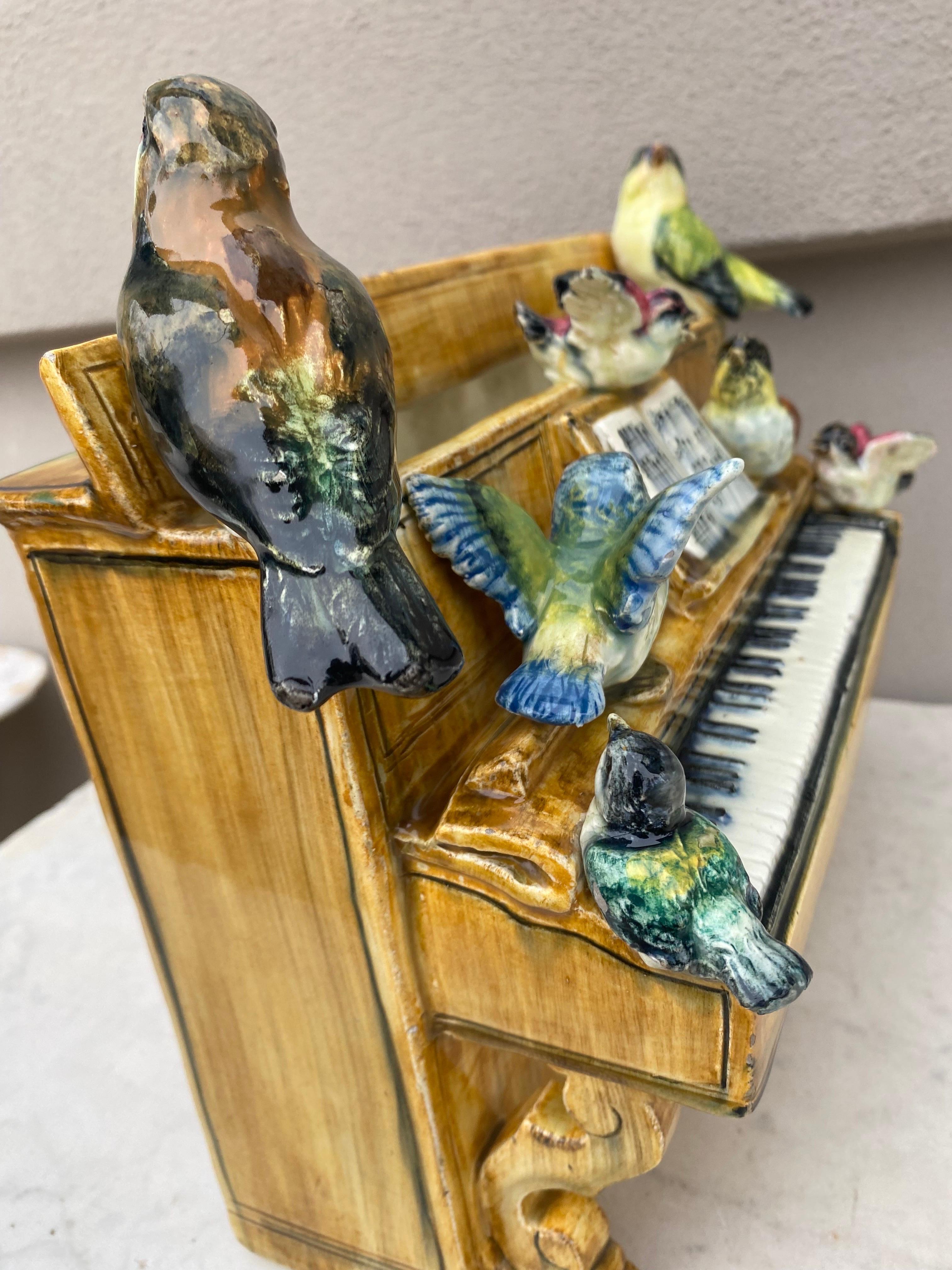 French Majolica Piano with Birds Vase Delphin Massier, circa 1890 In Good Condition In Austin, TX