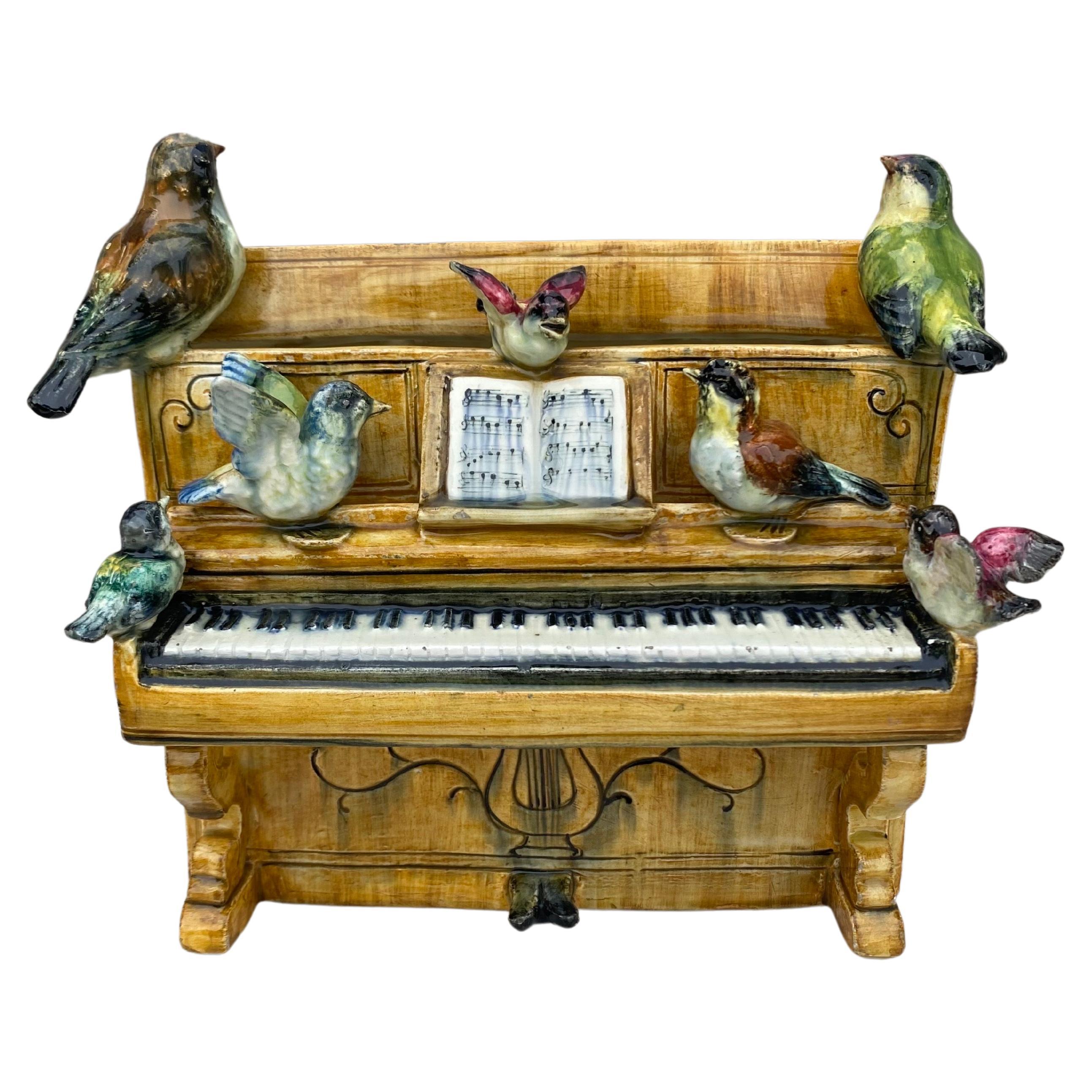 French Majolica Piano with Birds Vase Delphin Massier, circa 1890