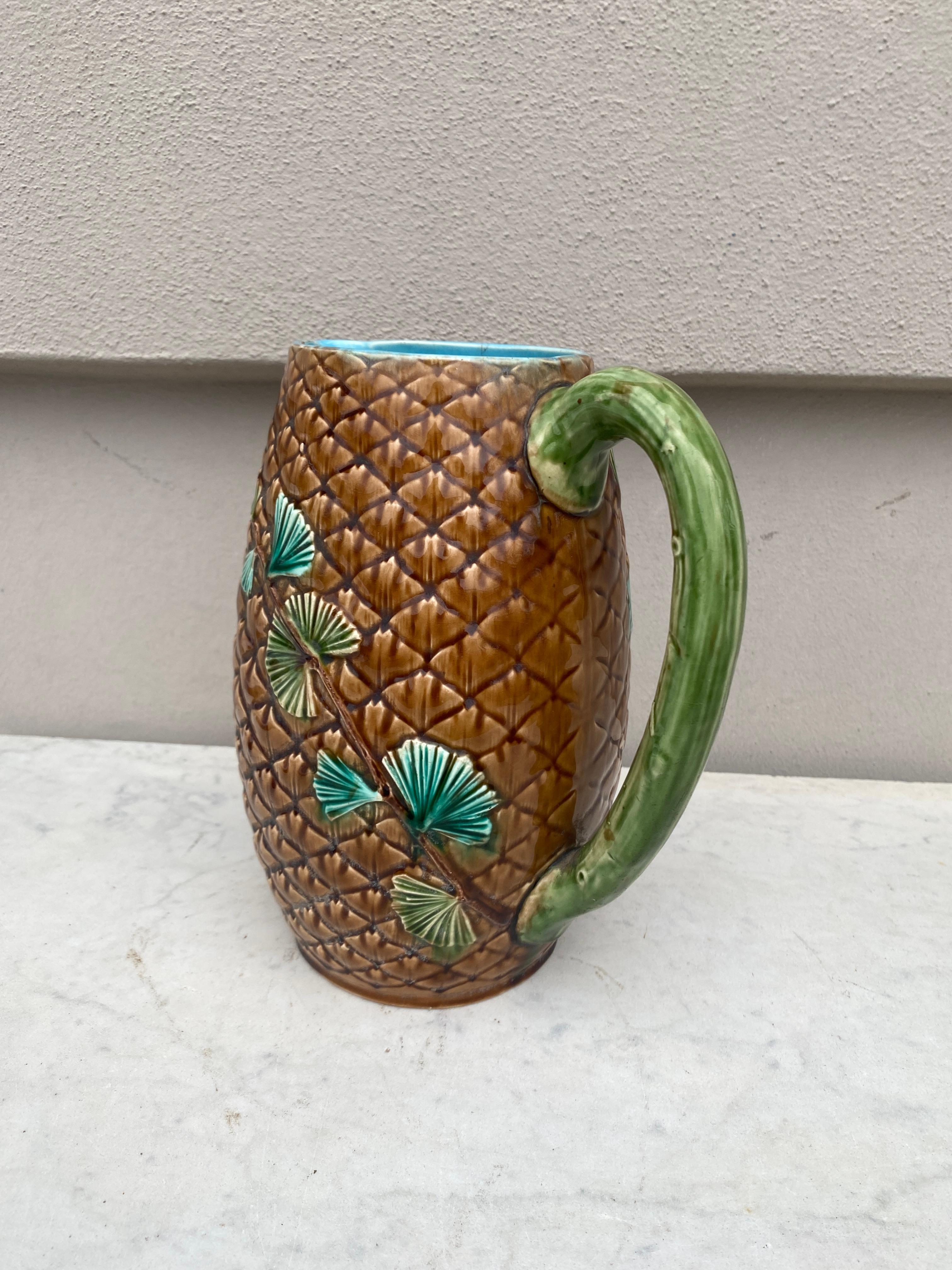 French Majolica Pine Cone & Needles Pitcher Sarreguemines, circa 1870 In Good Condition For Sale In Austin, TX