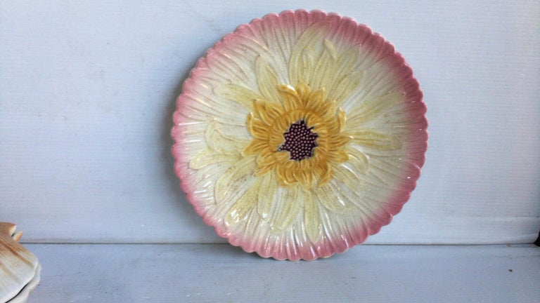 Ceramic French Majolica Pink Daisy Plate, circa 1950 For Sale