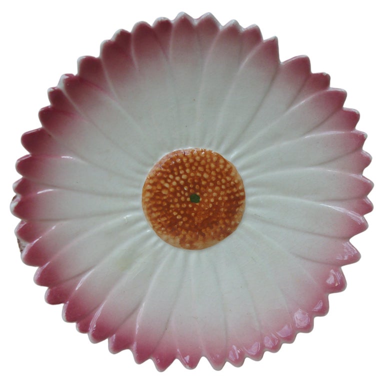 French Majolica Pink Daisy Plate, circa 1950 For Sale