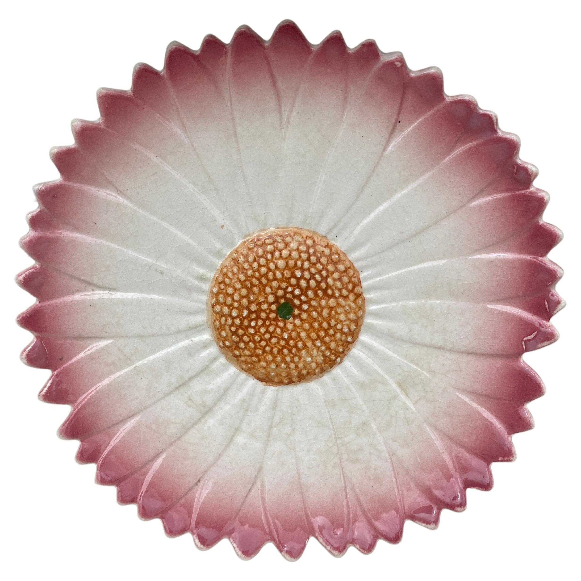 French Majolica Pink Daisy Plate, circa 1950 For Sale