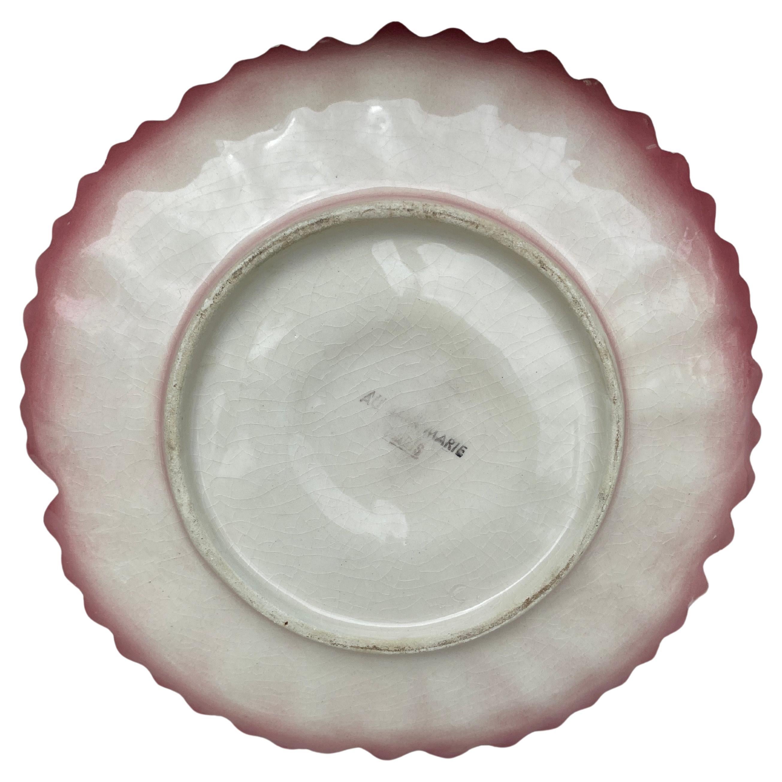 Mid-Century Modern French Majolica Pink Daisy Plate Massier Style, Circa 1950 For Sale