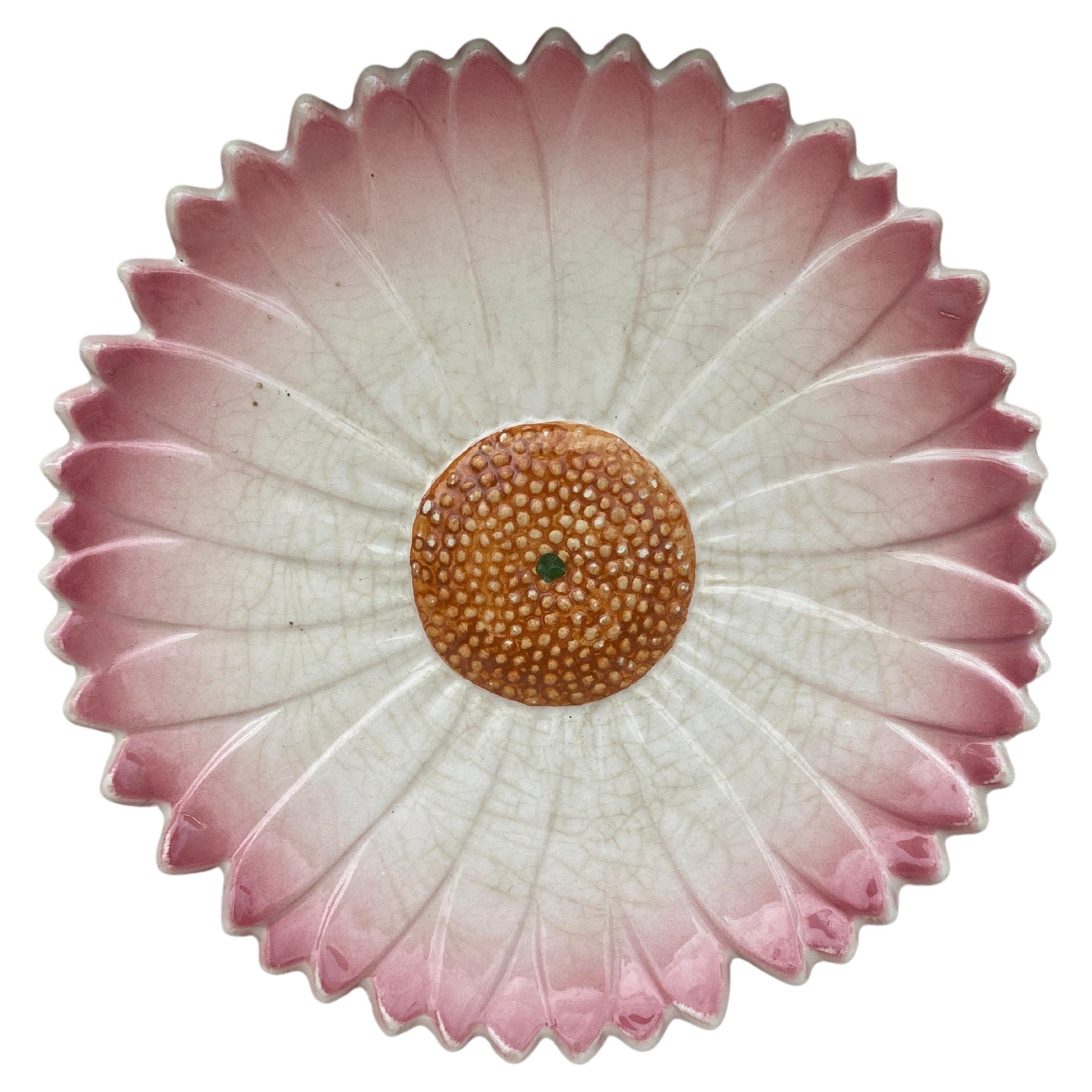 French Majolica Pink Daisy Plate Massier Style, Circa 1950