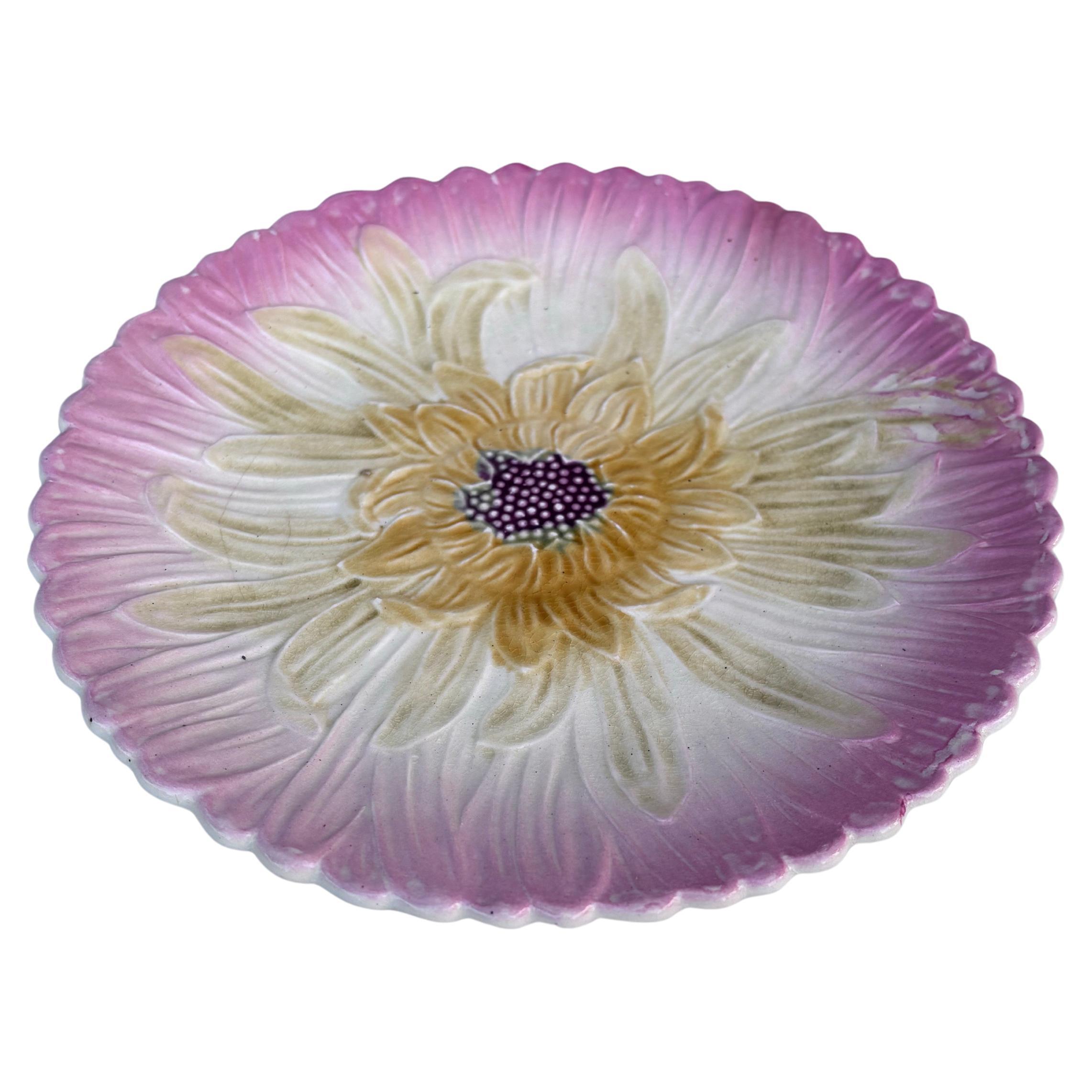 Französischer Majolikateller mit rosa Gänseblümchen Orchies, um 1890.