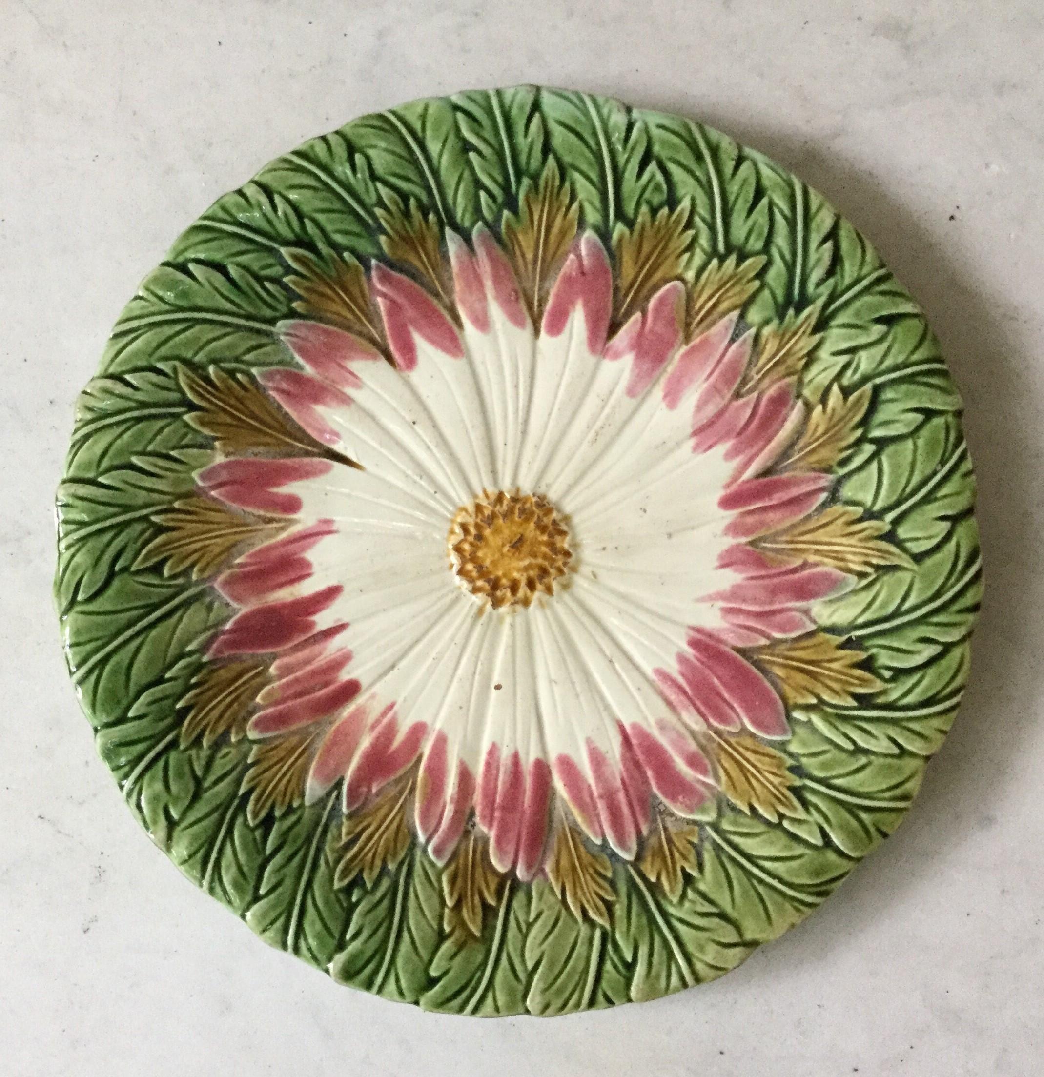 Late 19th Century French Majolica Pink Daisy Plate Orchies, circa 1890