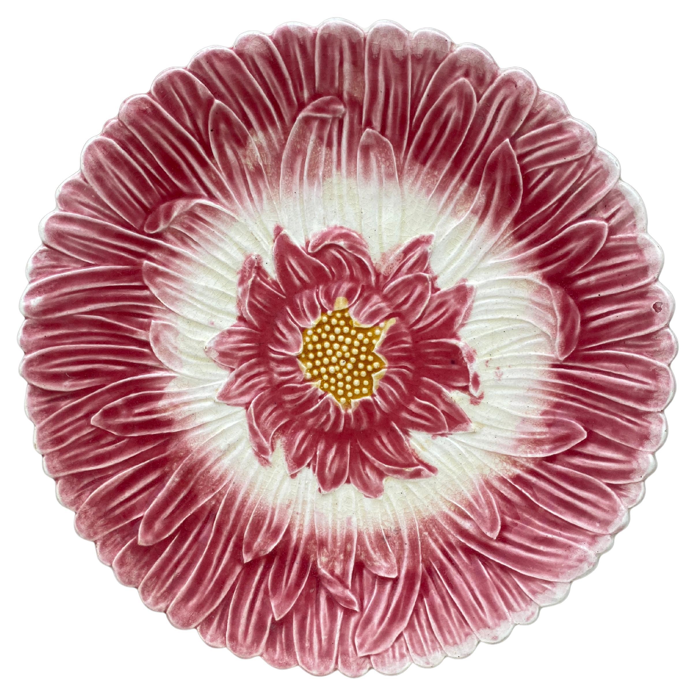 French Majolica Pink Daisy Plate Orchies, circa 1890 For Sale