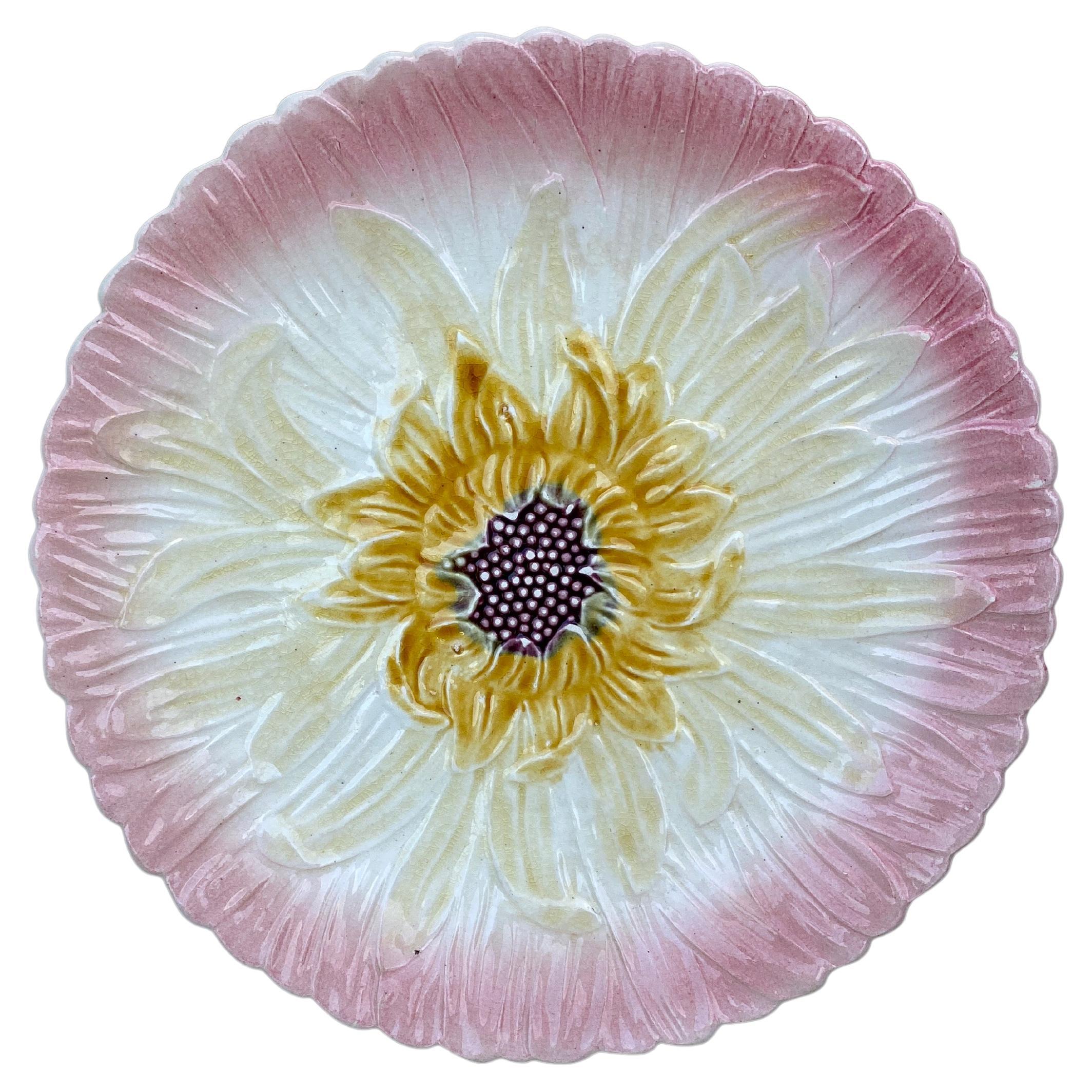 French Majolica Pink Daisy Plate Orchies, circa 1890
