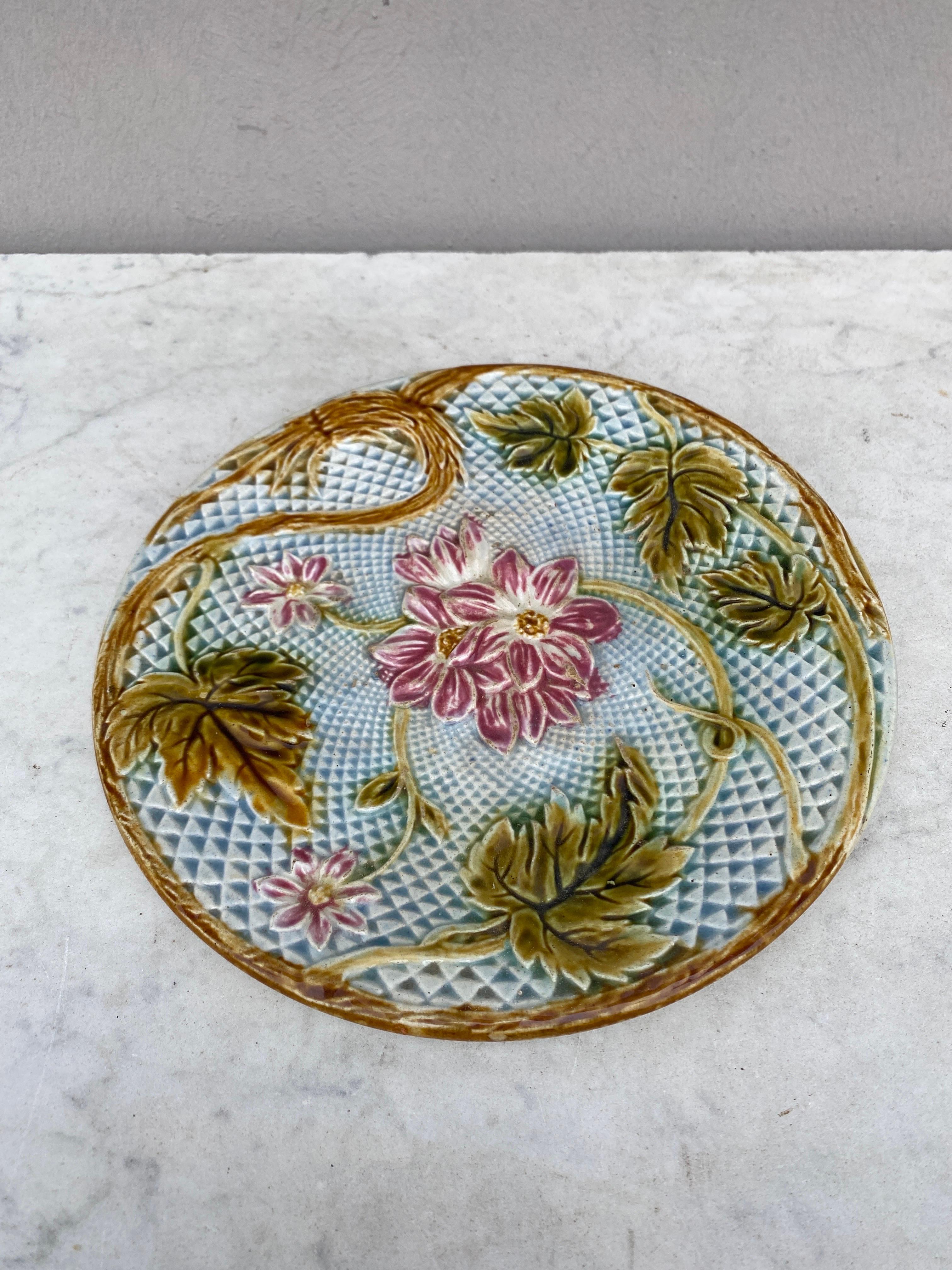 Rustic French Majolica Pink Flowers Salins, Circa 1890 For Sale