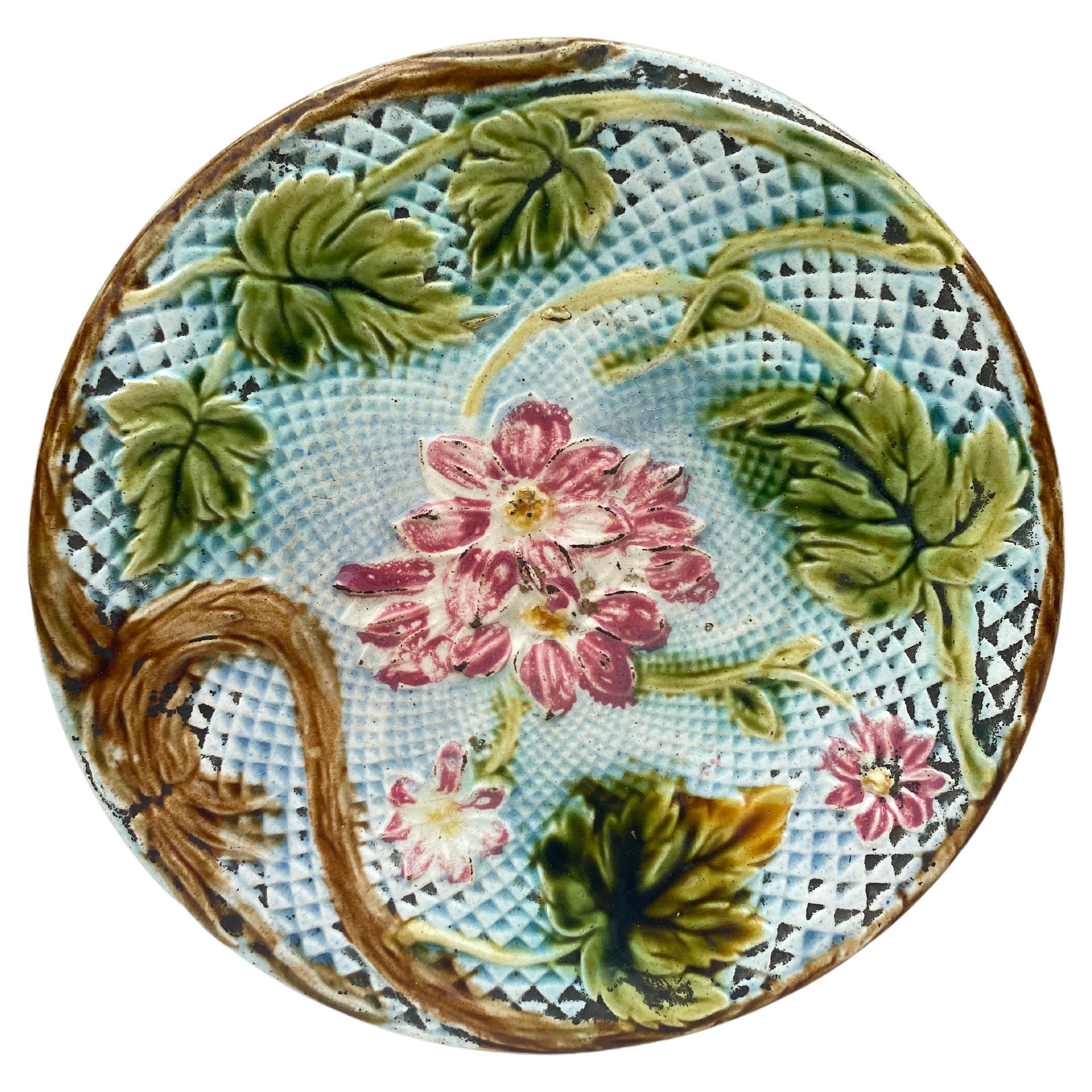 French Majolica Pink Flowers Salins, circa 1890 For Sale
