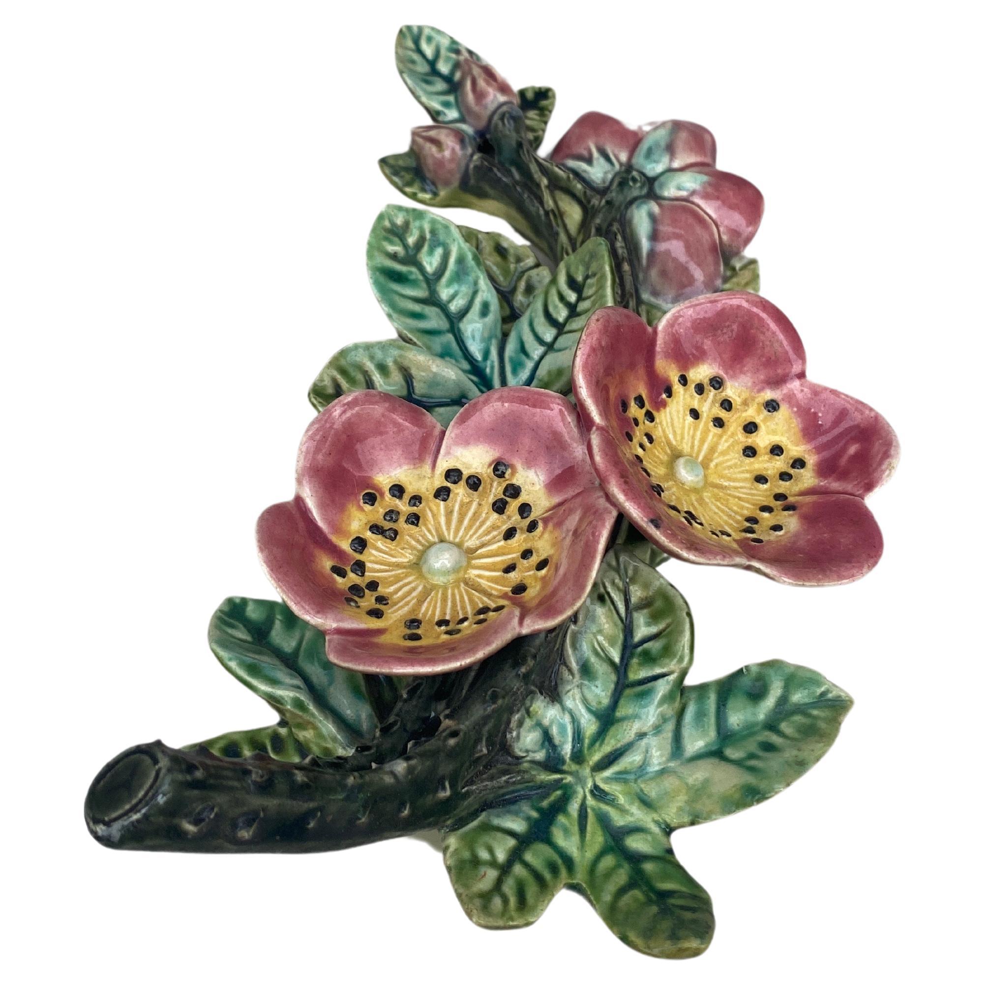 Art Nouveau French Majolica Pink Flowers Wall Pocket Fives Lille, circa 1890 For Sale