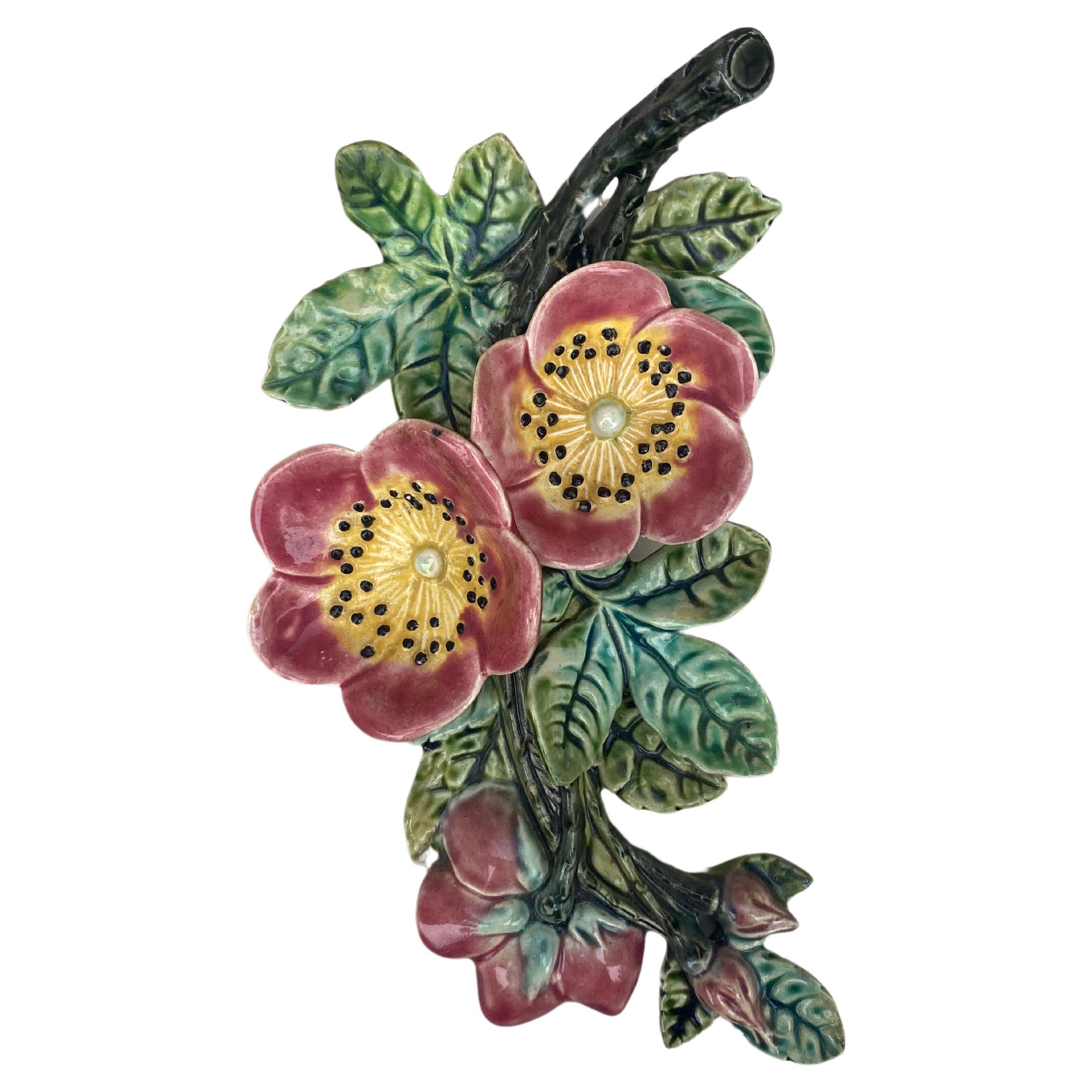 French Majolica Pink Flowers Wall Pocket Fives Lille, circa 1890 For Sale
