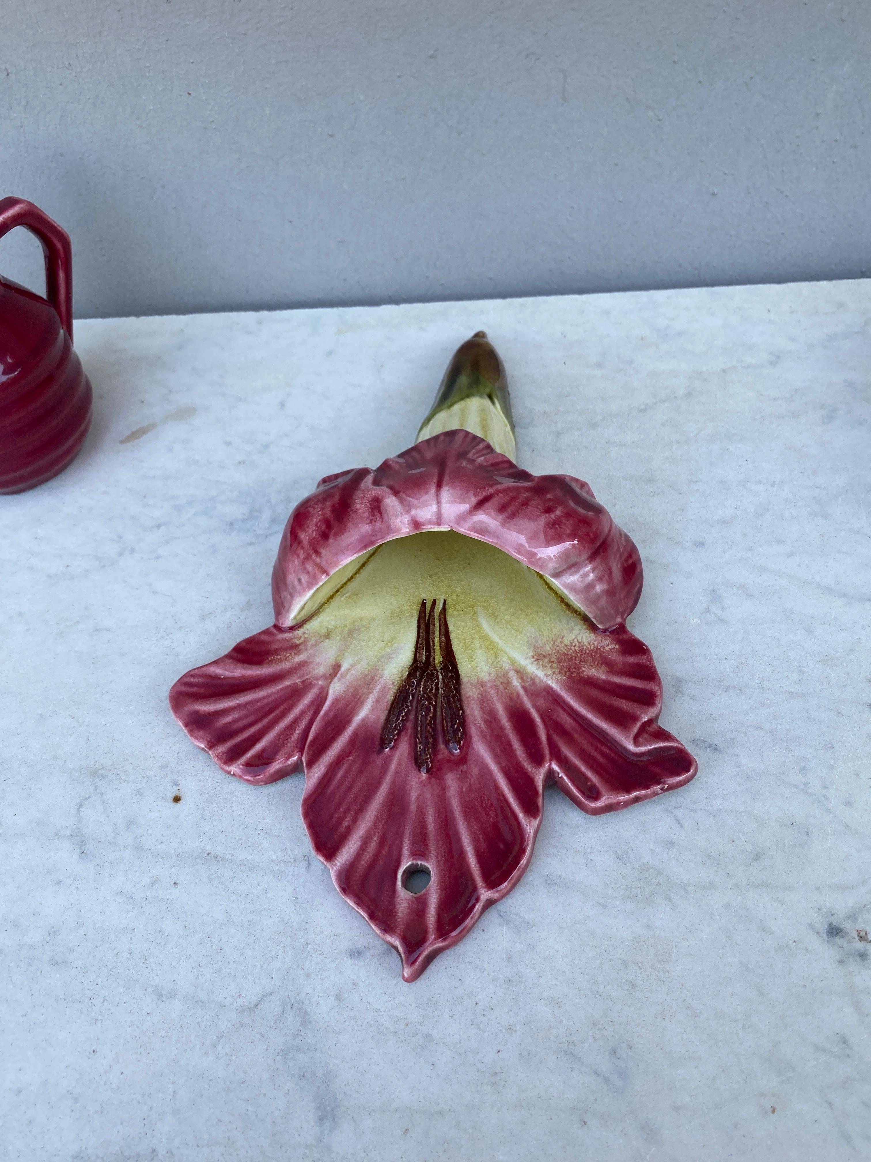 Art Nouveau French Majolica Pink Lily Wall Pocket, circa 1890 For Sale