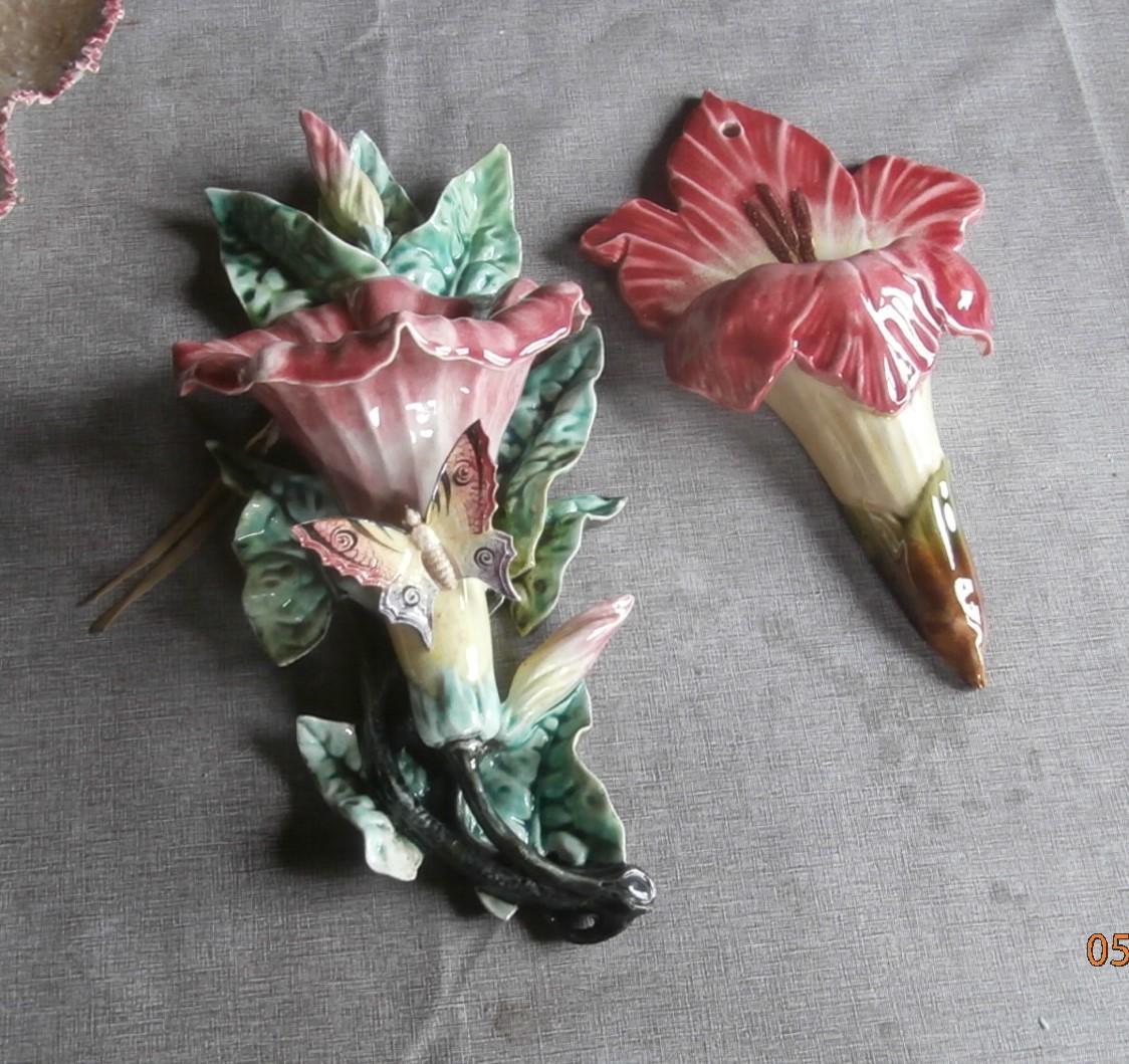 Late 19th Century French Majolica Pink Lily Wall Pocket, circa 1890 For Sale