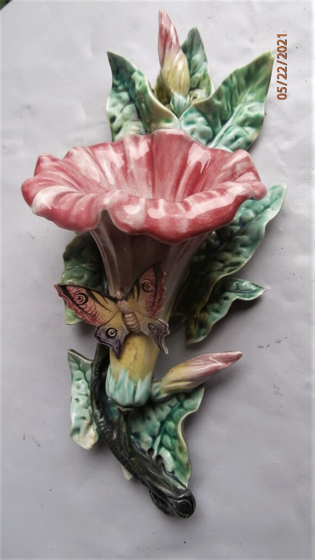 Ceramic French Majolica Pink Lily Wall Pocket, circa 1890 For Sale