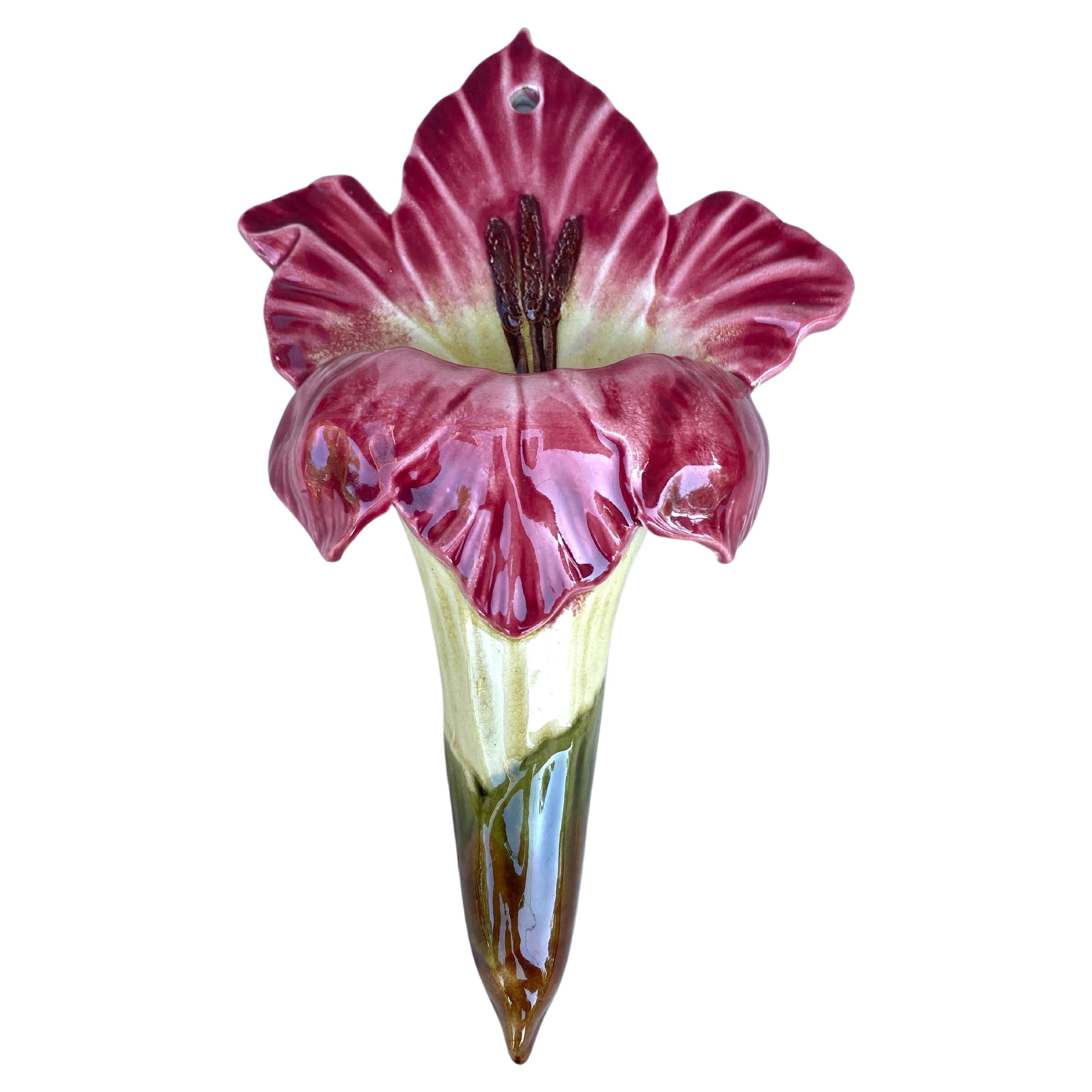 French Majolica Pink Lily Wall Pocket, circa 1890 For Sale