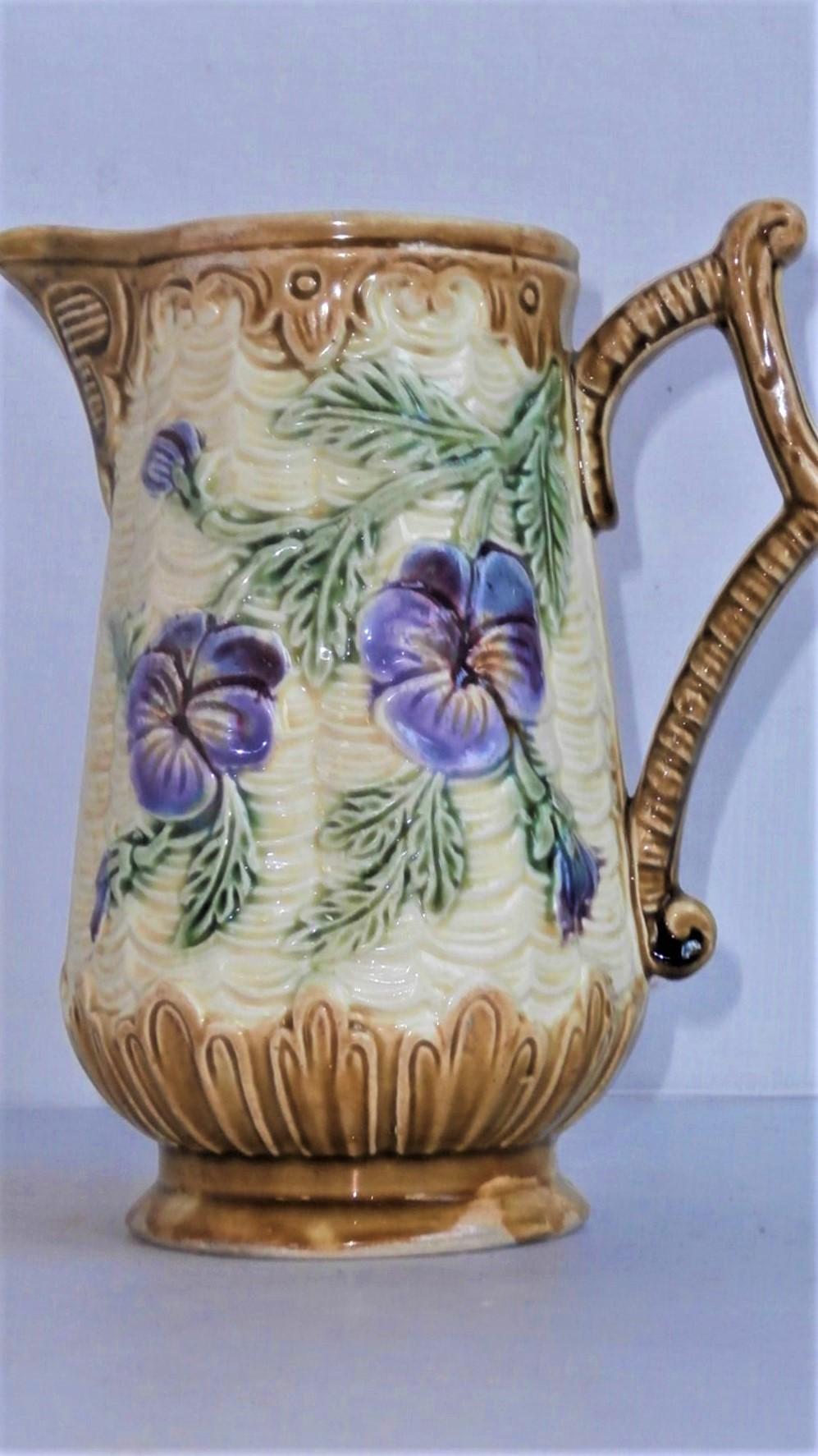 Late 19th Century French Majolica Pansies Pitcher Orchies, circa 1890 For Sale