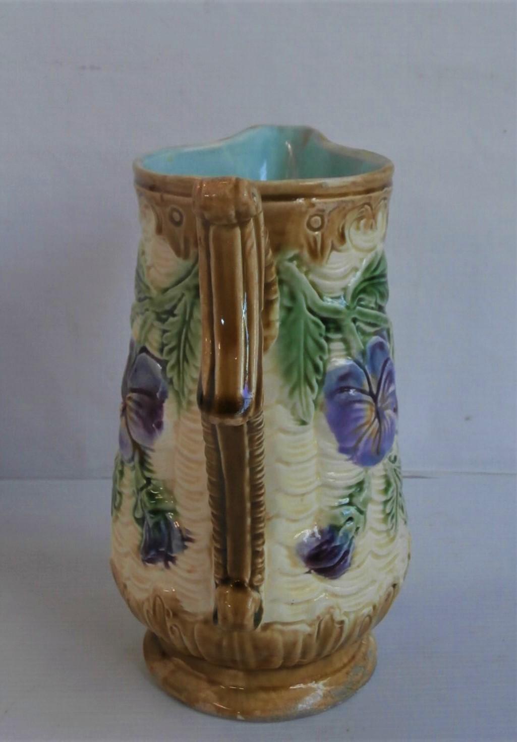 Ceramic French Majolica Pansies Pitcher Orchies, circa 1890 For Sale