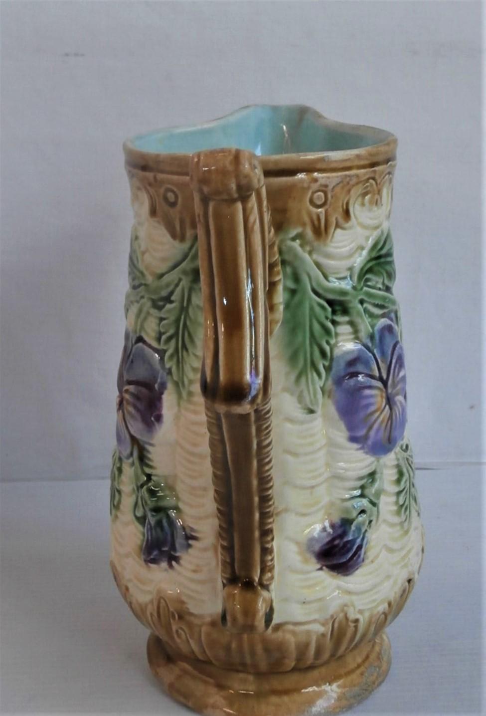 French Majolica Pansies Pitcher Orchies, circa 1890 For Sale 1