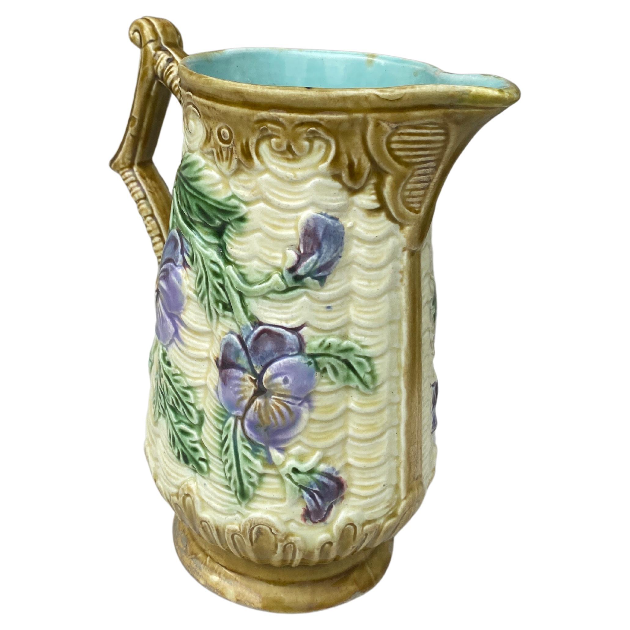 French Majolica Pansies Pitcher Orchies, circa 1890 In Good Condition For Sale In Austin, TX