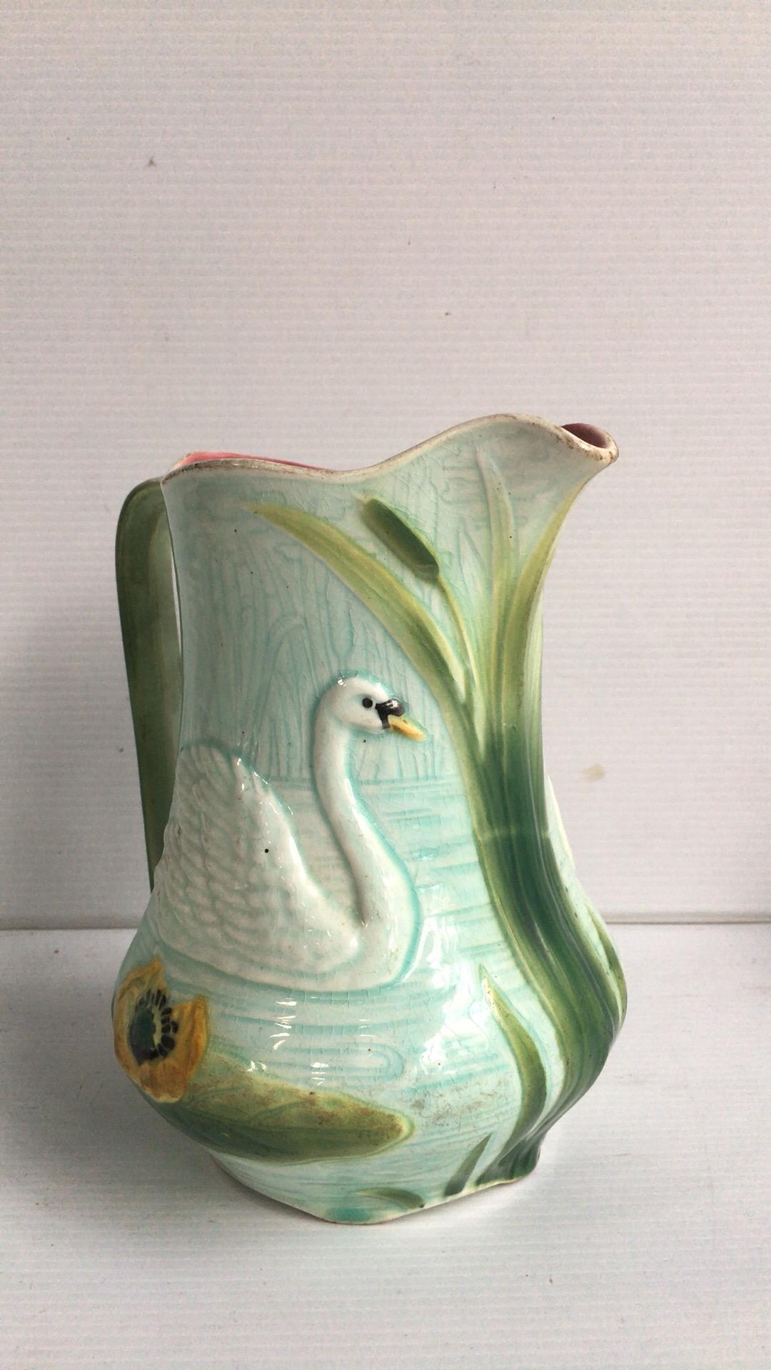 French Majolica Pitcher with Swan Saint Clément, circa 1900 In Good Condition In Austin, TX