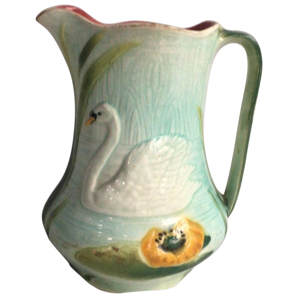 French Majolica Pitcher with Swan Saint Clément, circa 1900
