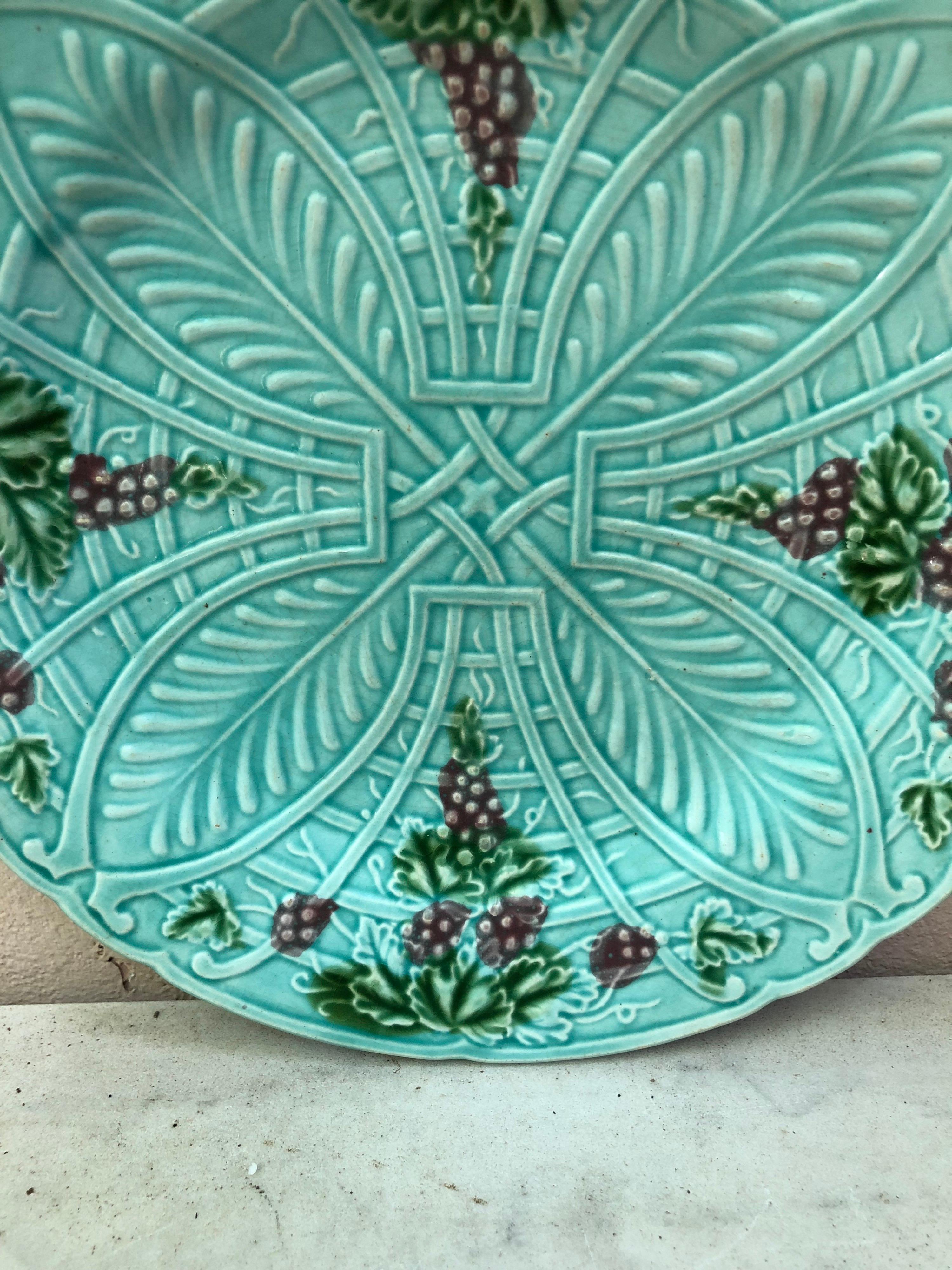 Country French Majolica Plate Grapes Salins, circa 1890