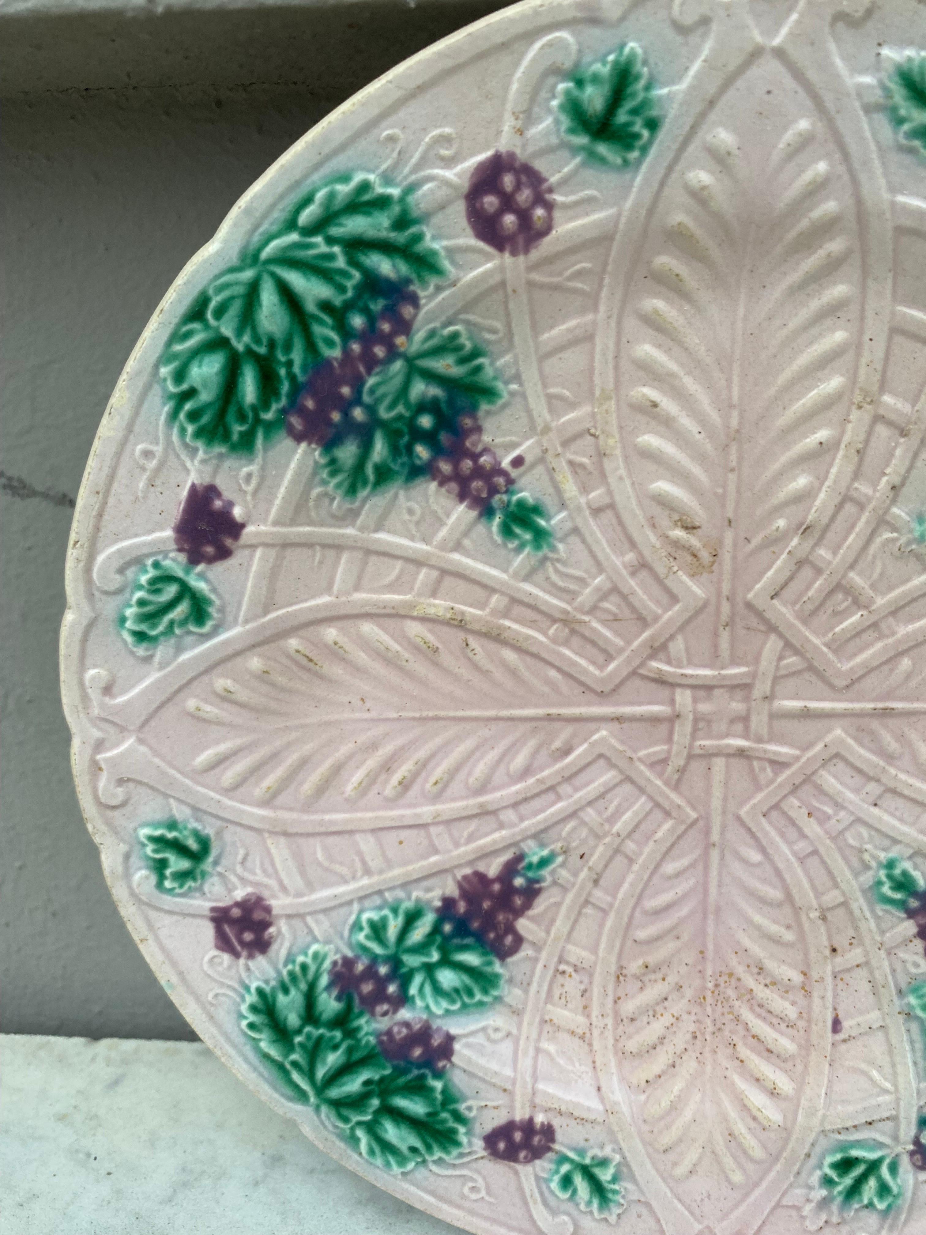 Country French Majolica Plate Grapes Salins, circa 1890 For Sale