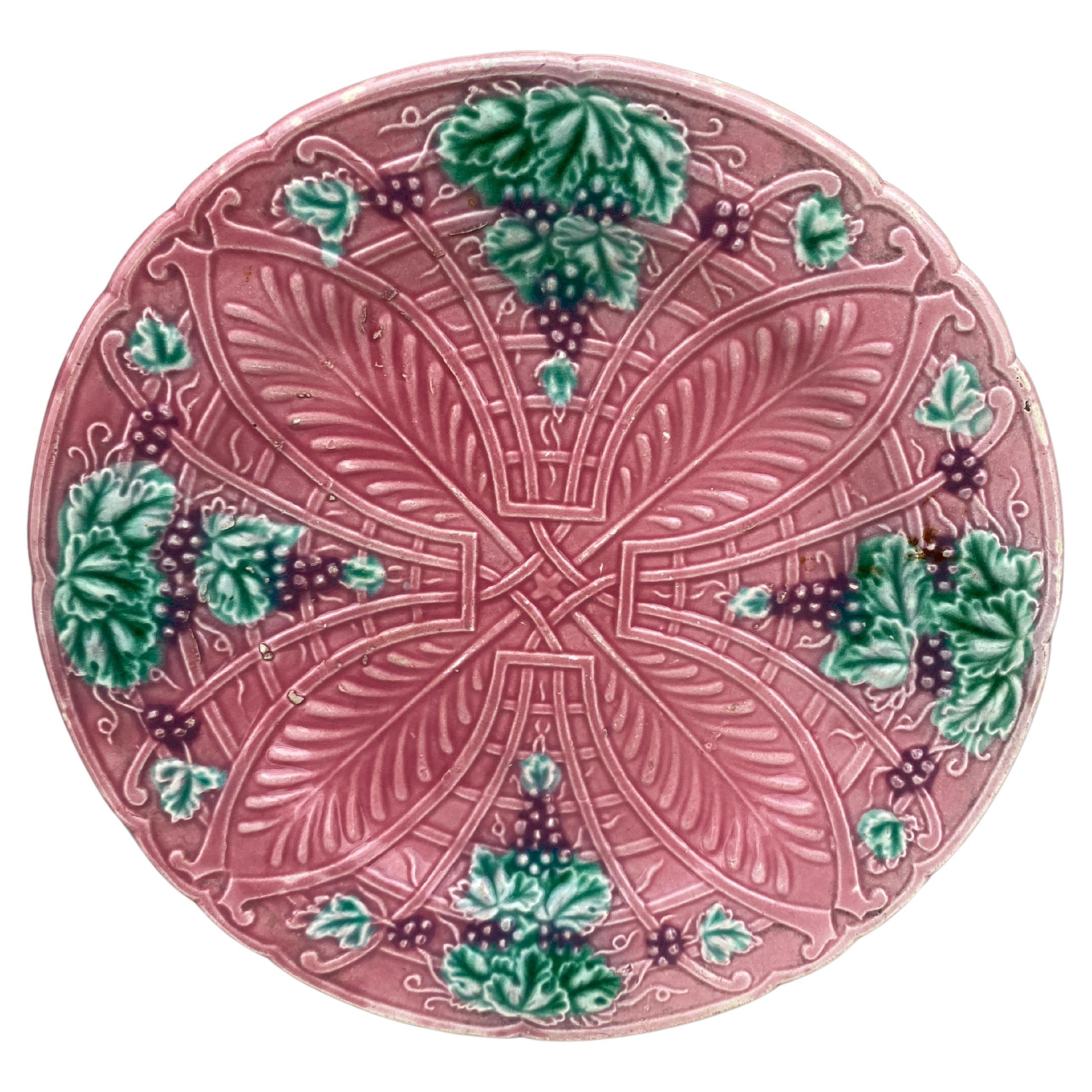 French Majolica Plate Grapes Salins, circa 1890 For Sale