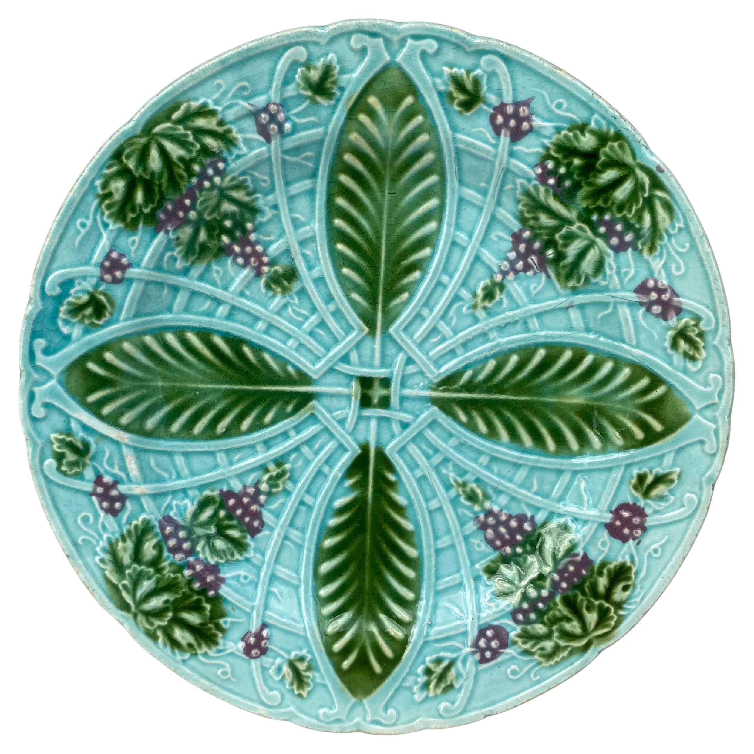 French Majolica Plate Grapes Salins, circa 1890