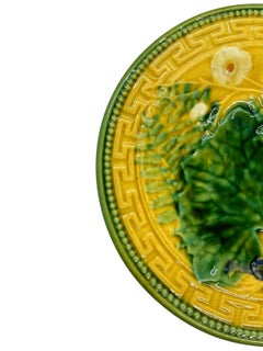 French Majolica Plate, Leaf and Fern, Greek Key Border on Yellow, Choisy-le-Roi