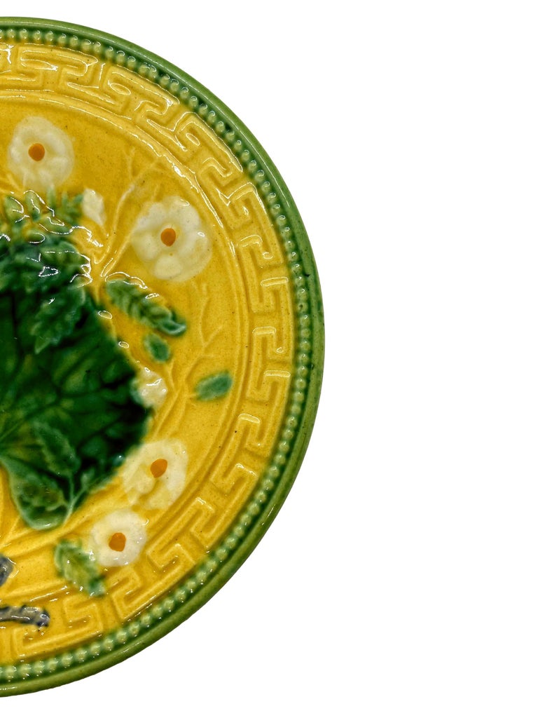 Victorian French Majolica Plate, Leaf and Fern, Greek Key Border on Yellow, Choisy-le-Roi For Sale