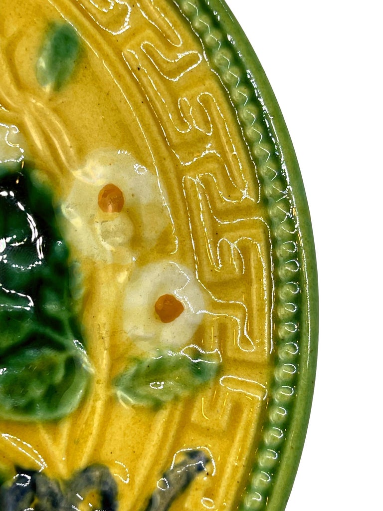 Molded French Majolica Plate, Leaf and Fern, Greek Key Border on Yellow, Choisy-le-Roi For Sale