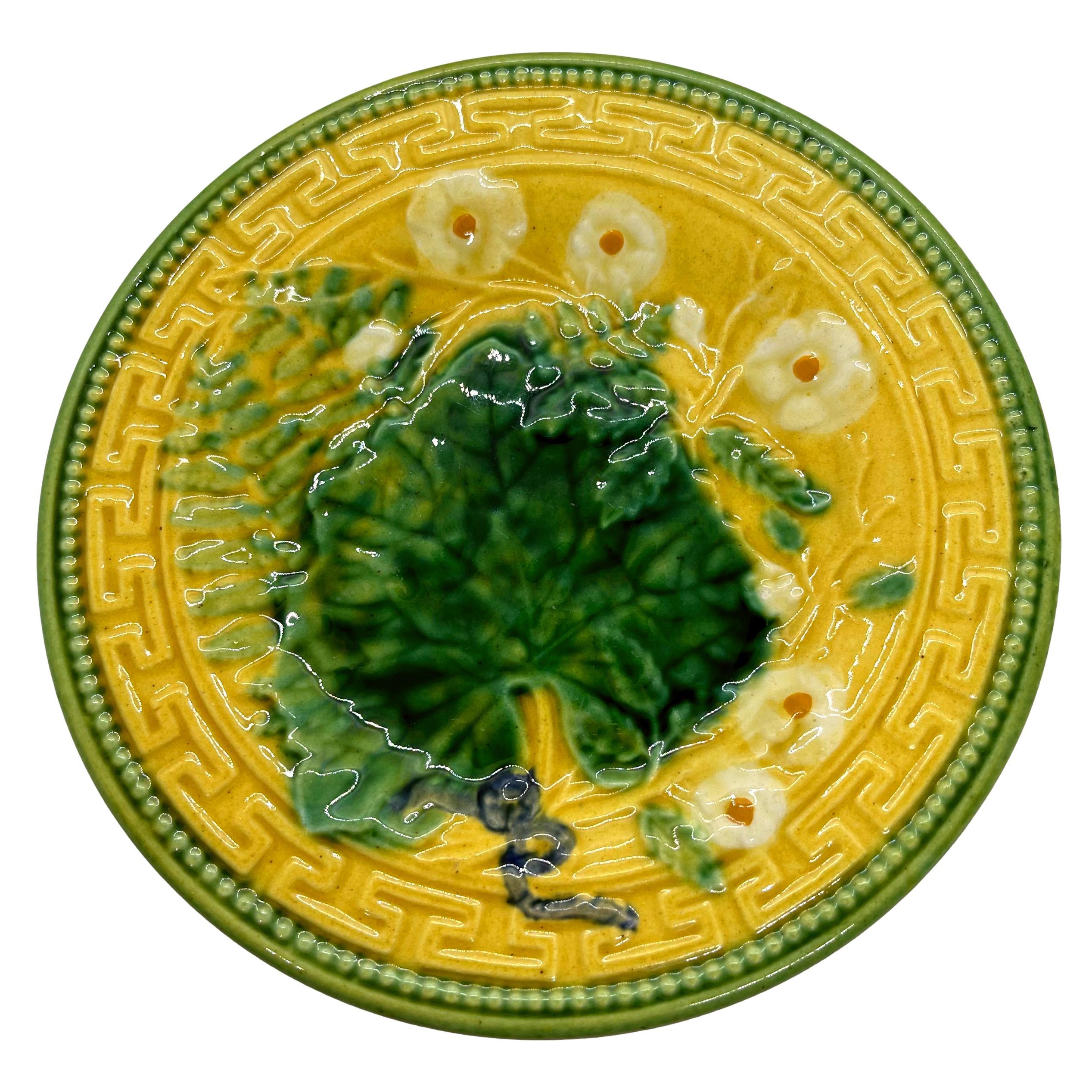 French Majolica Plate, Leaf and Fern, Greek Key Border on Yellow, Choisy-le-Roi