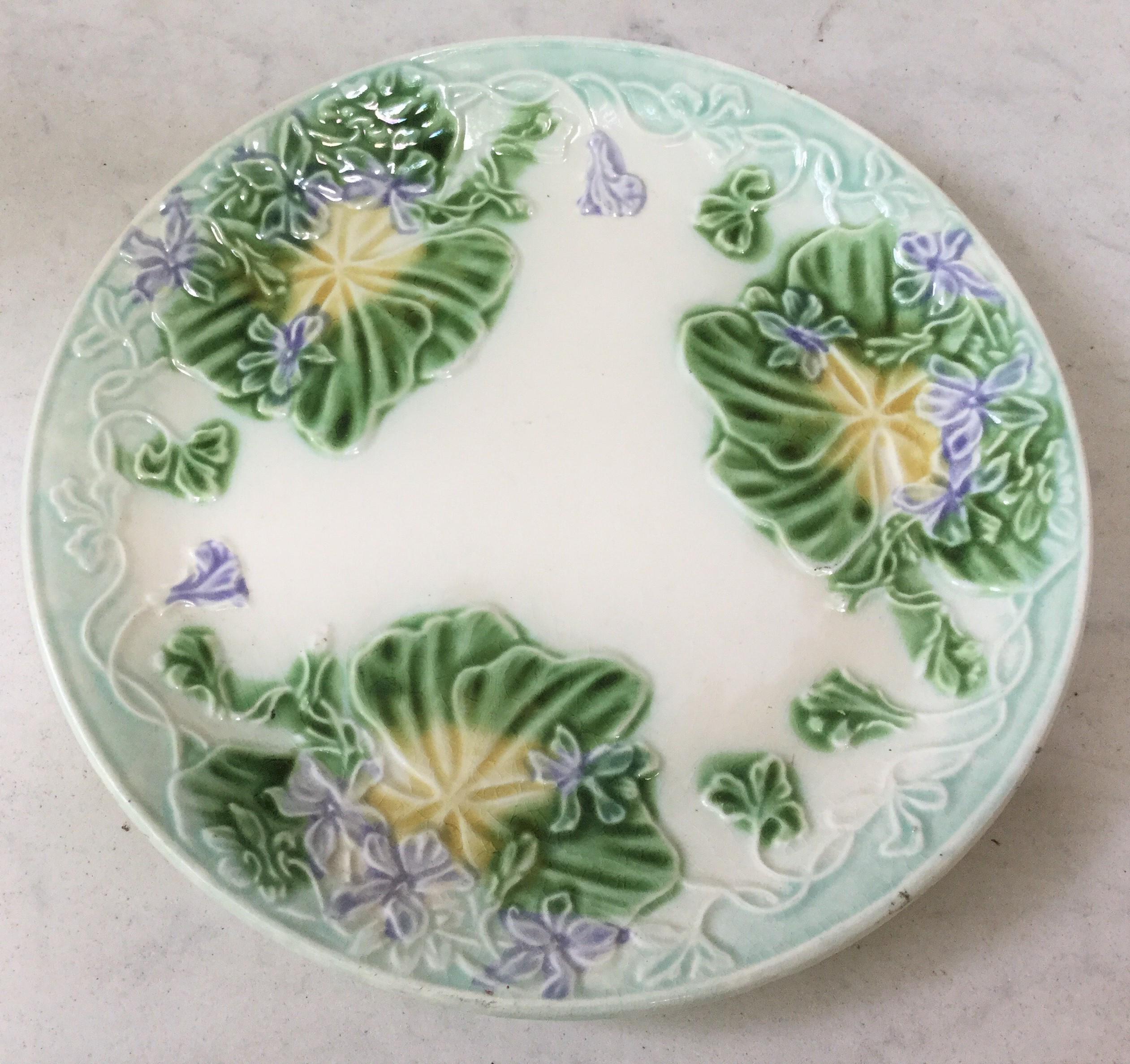 Charming French Majolica plate violets Salins, circa 1890.