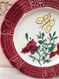 French Majolica Plate with Flowers & Butterfly, Circa 1900