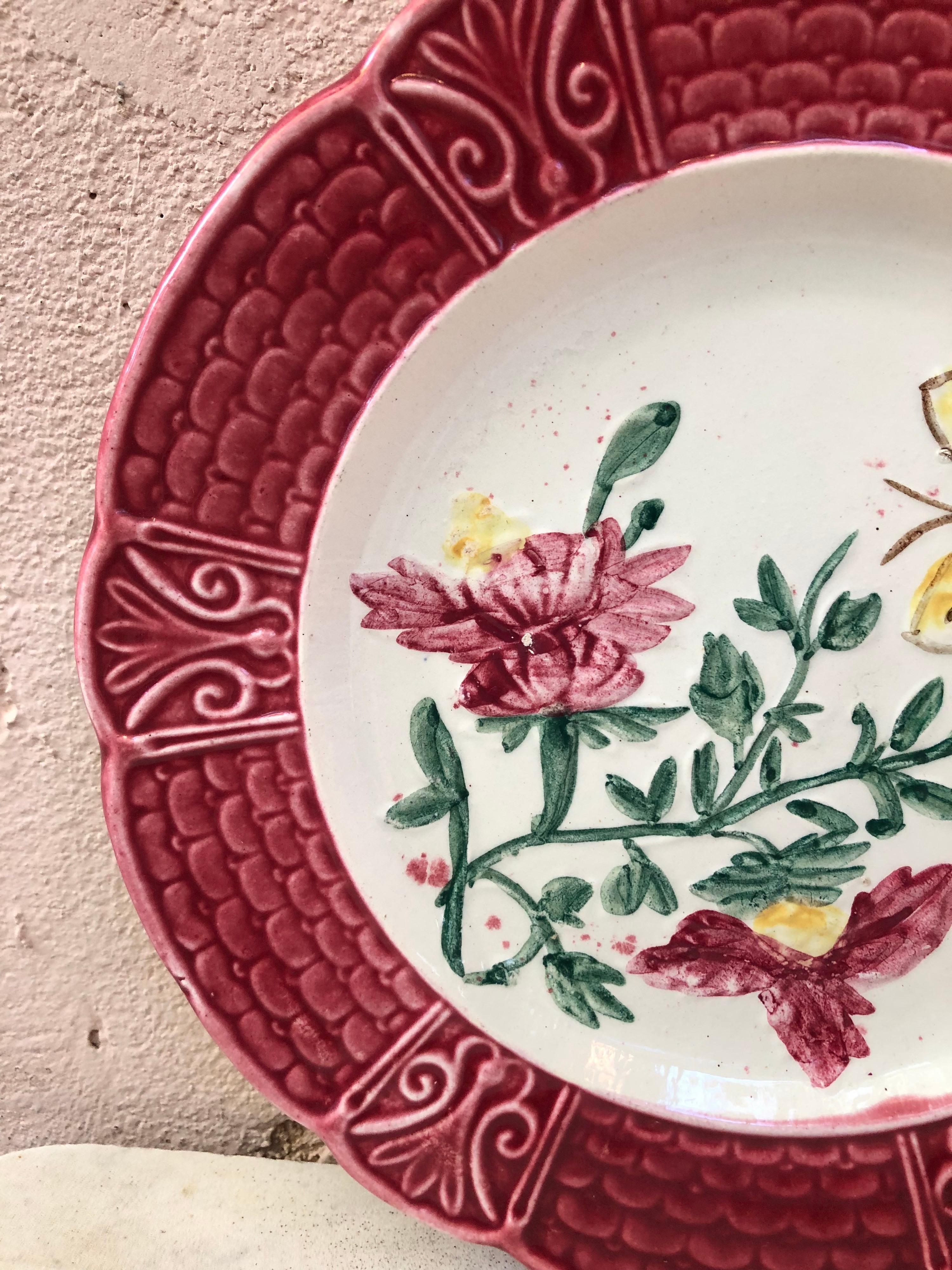 Rustic French Majolica Plate with Flowers & Butterfly, Circa 1900