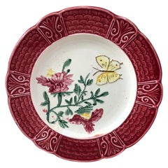 French Majolica Plate with Flowers & Butterfly, Circa 1900