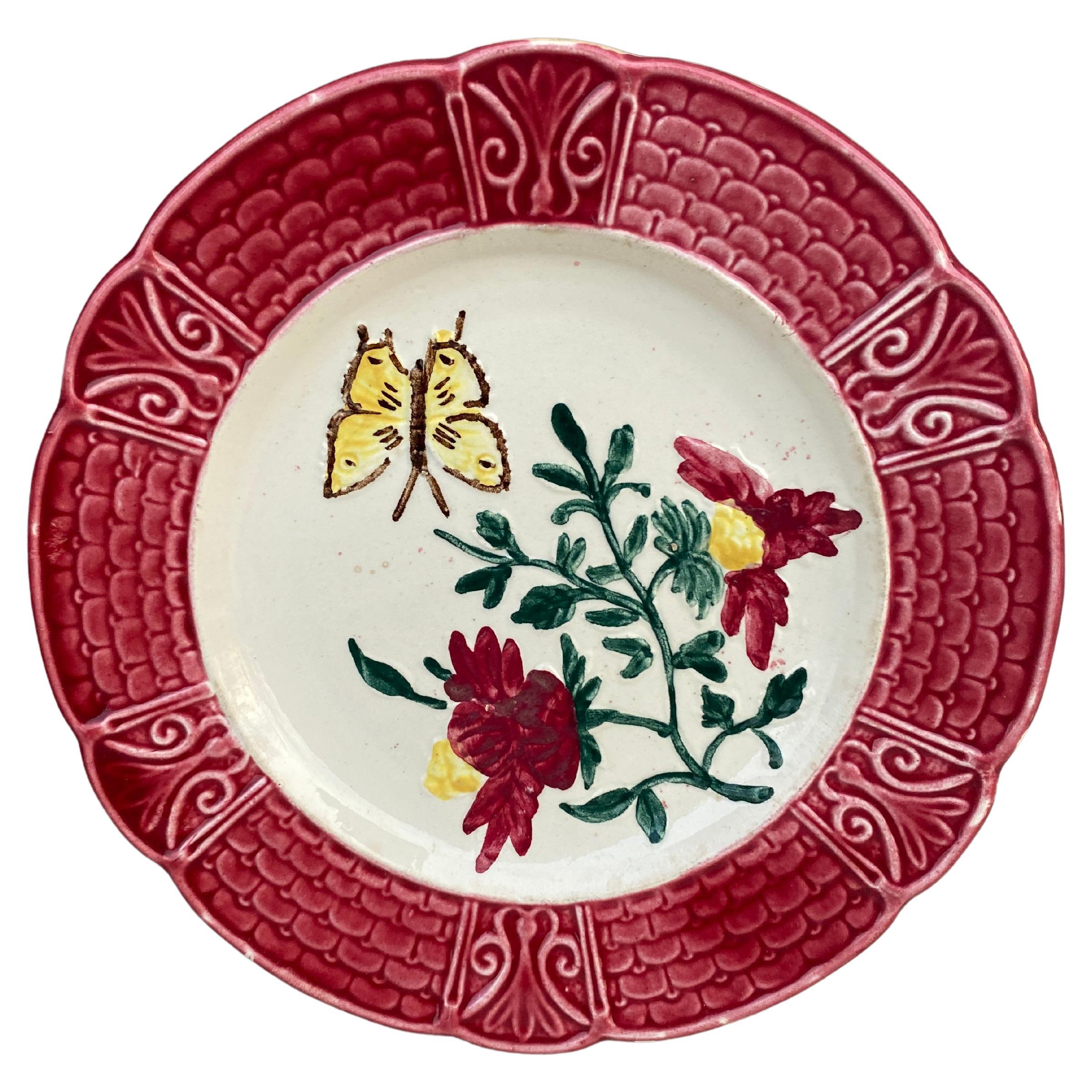 French Majolica Plate with Flowers & Butterfly, circa 1900 For Sale