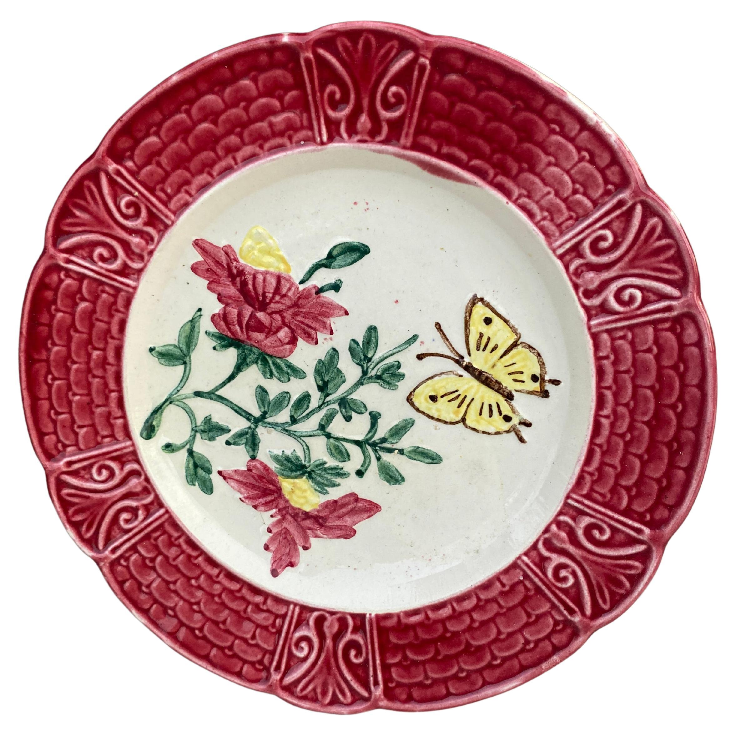 French Majolica Plate with Flowers & Butterfly, circa 1900 For Sale