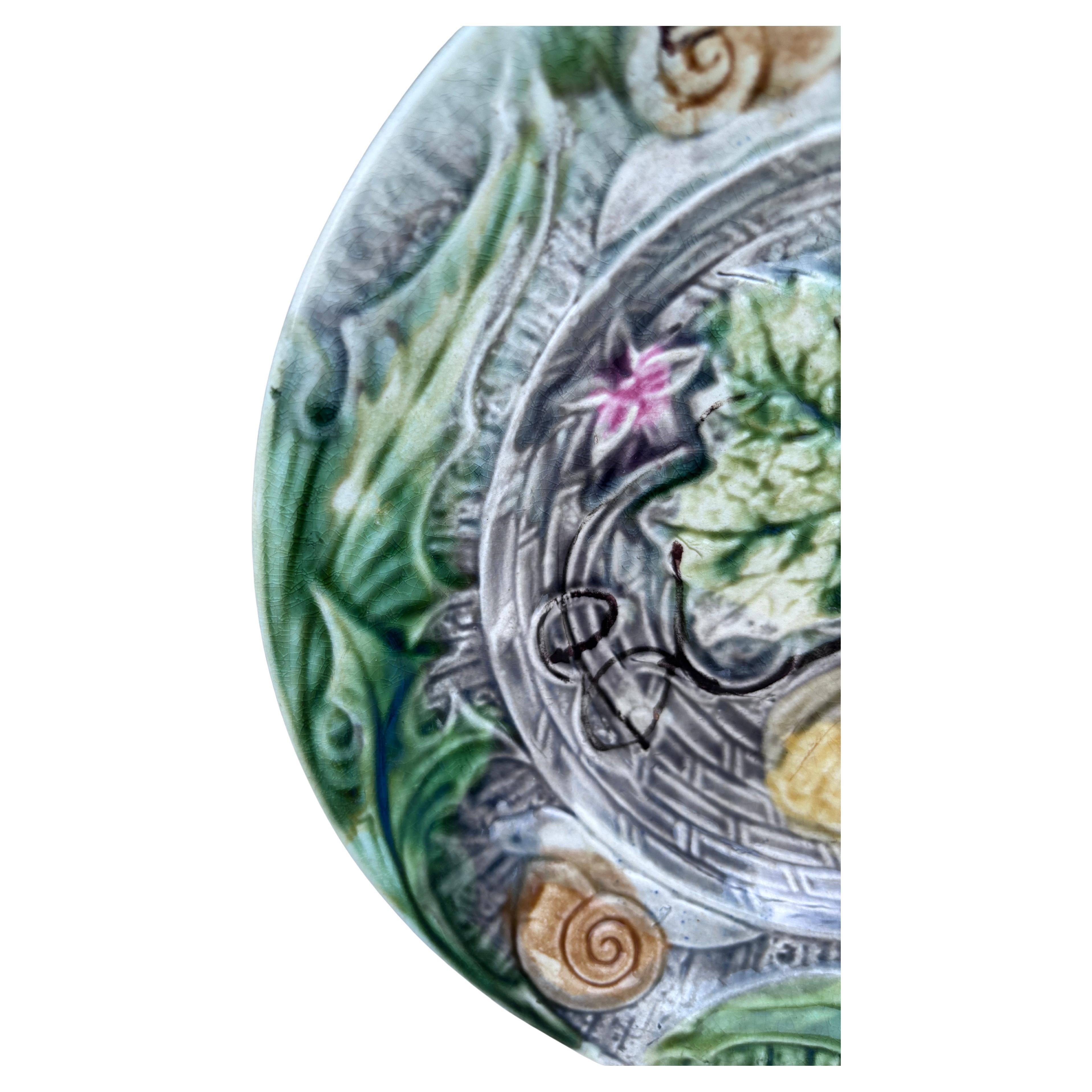 French Majolica plate with pumpkin & snail Onnaing, circa 1890.
Rare gray background.