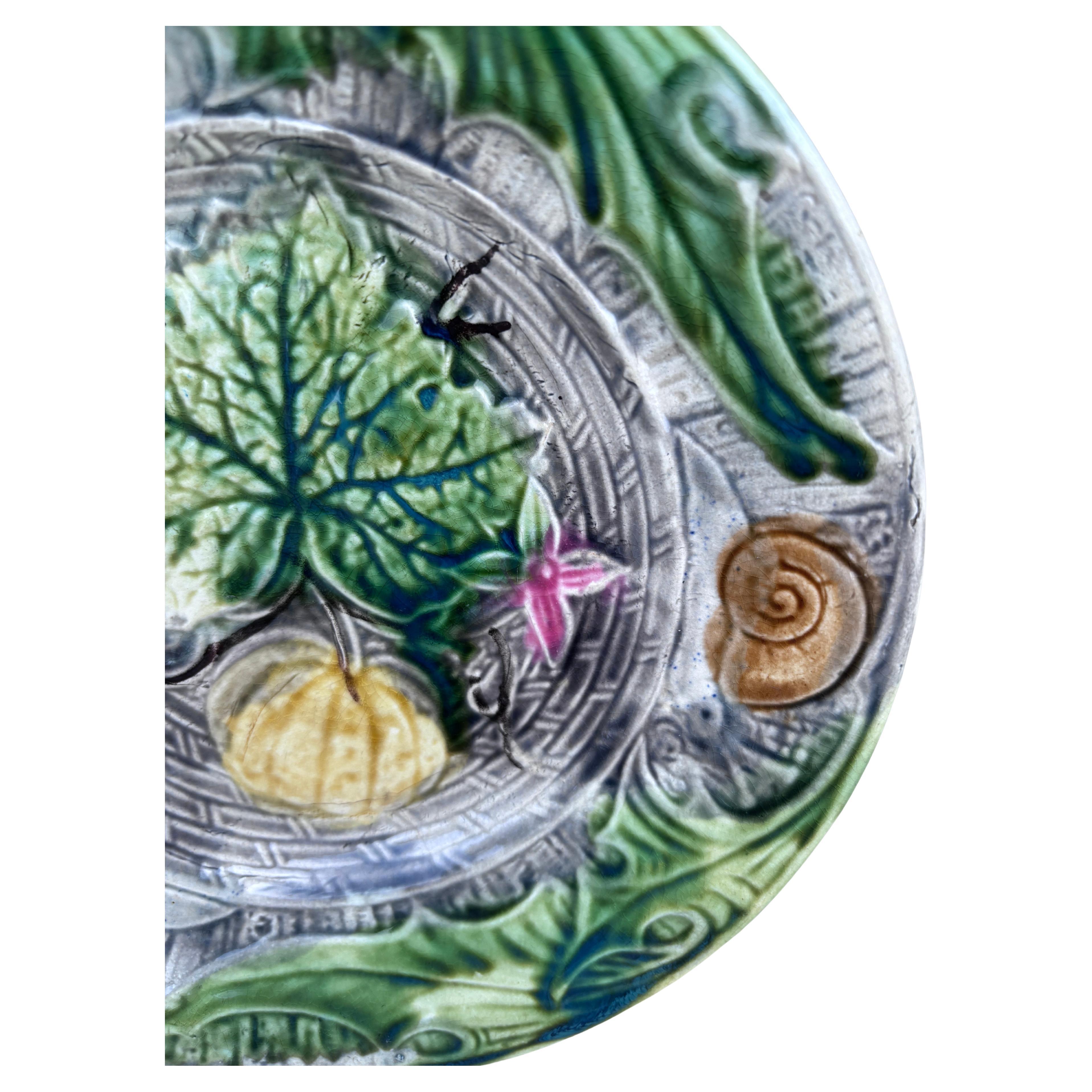 French Majolica Plate with Pumpkin & Snail Onnaing, circa 1890 (Rustikal) im Angebot