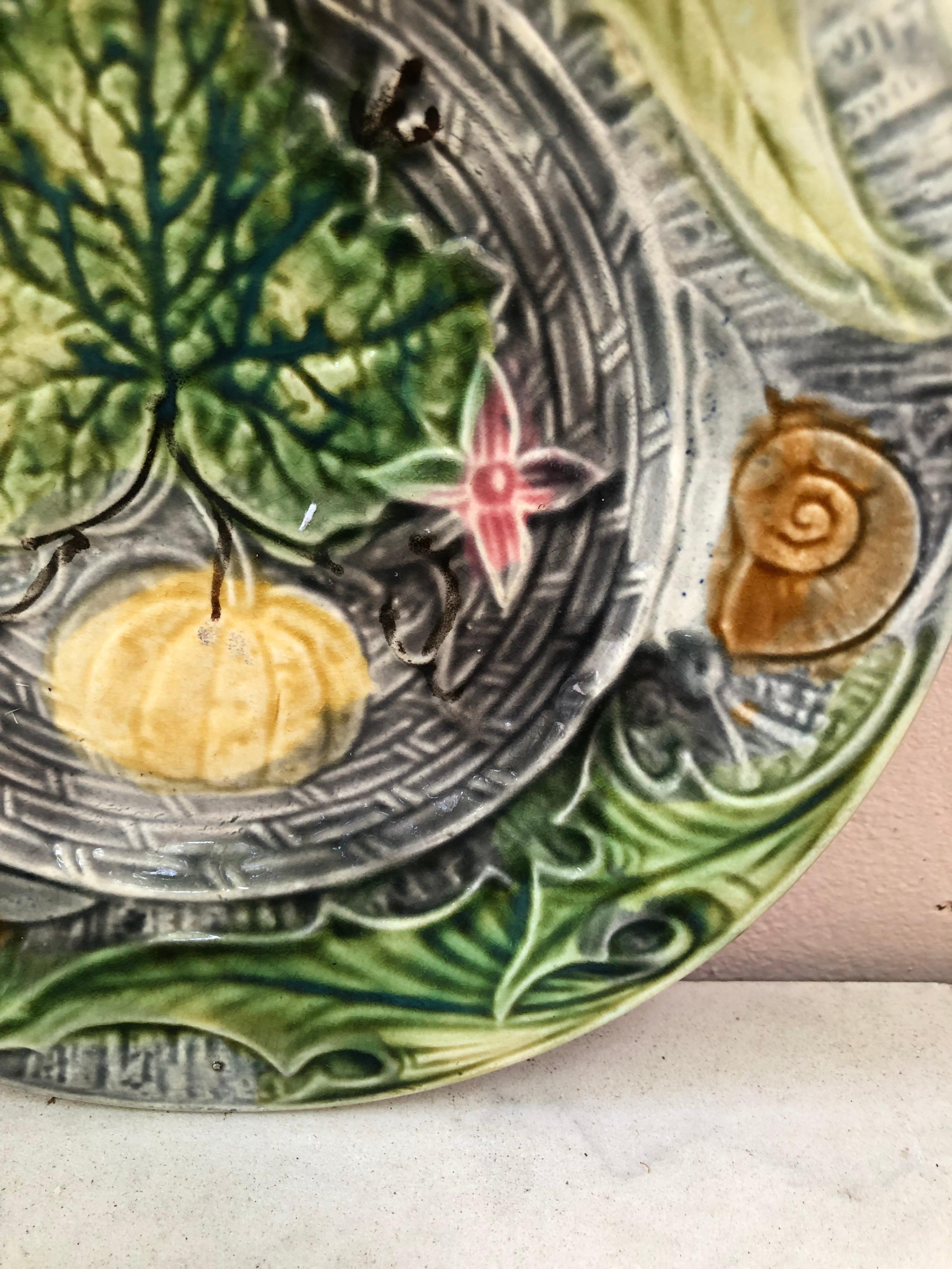 French Majolica Plate with Pumpkin & Snail Onnaing, circa 1890 In Good Condition In Austin, TX